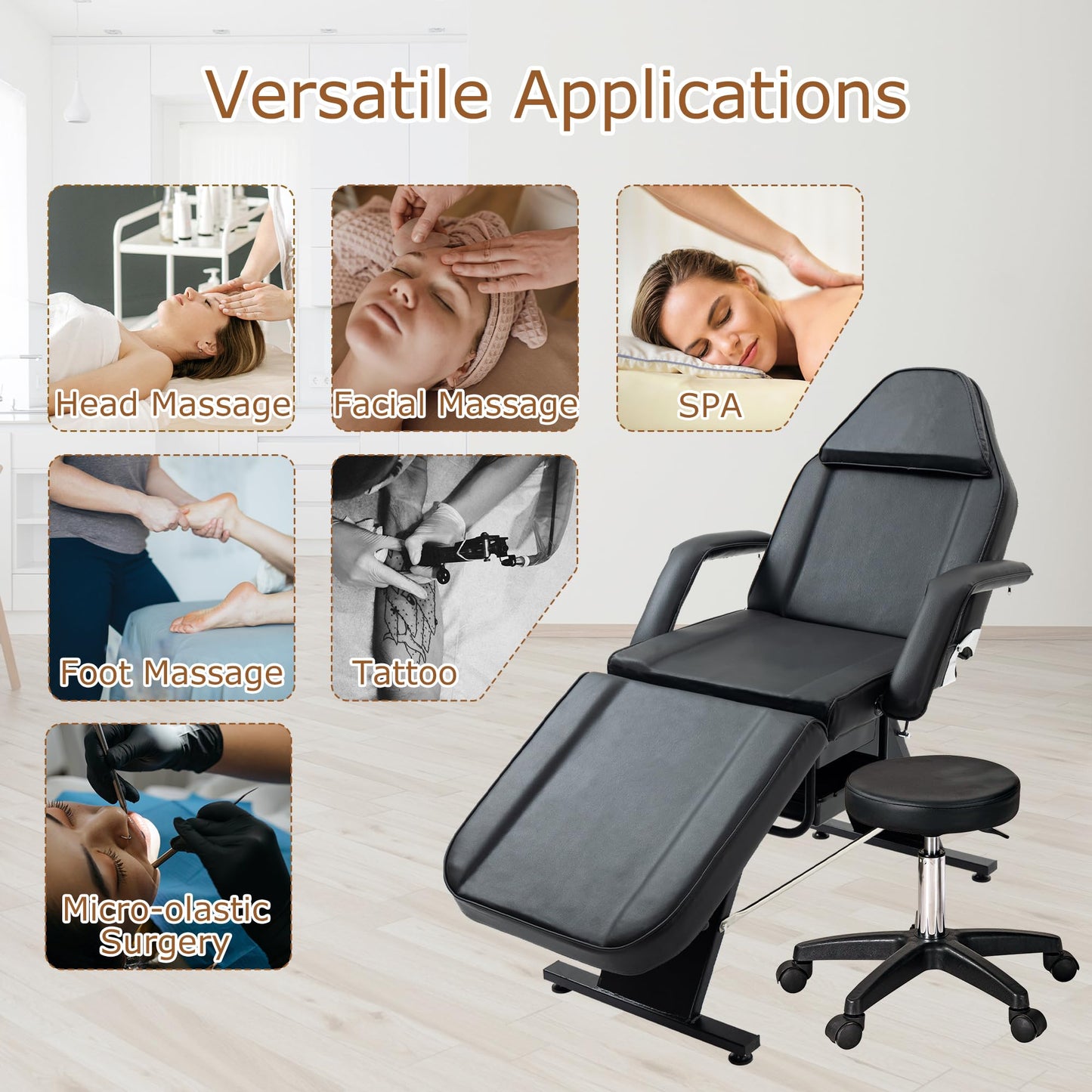 Brisca Massage Salon Tattoo Chair with Two Trays,Esthetician Bed W/Hydraulic Stool and Multi-Purpose 3-Section Facial Table,for Barber,Mani-pedis,Spa,Black