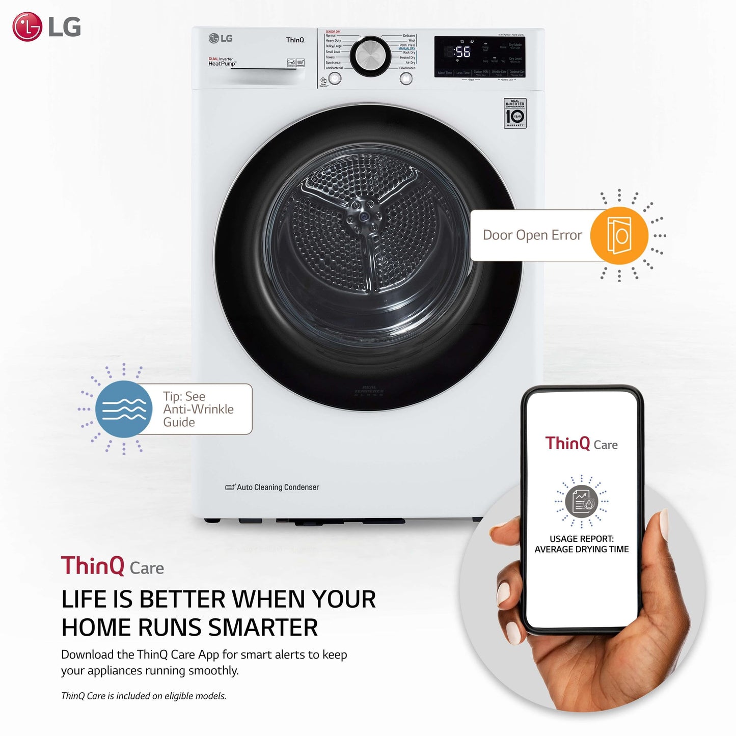 LG DLHC1455W 24 in. W 4.2 Cu. Ft. Ventless Stackable Compact Smart Electric Dryer in White with Dual Inverter HeatPump Technology