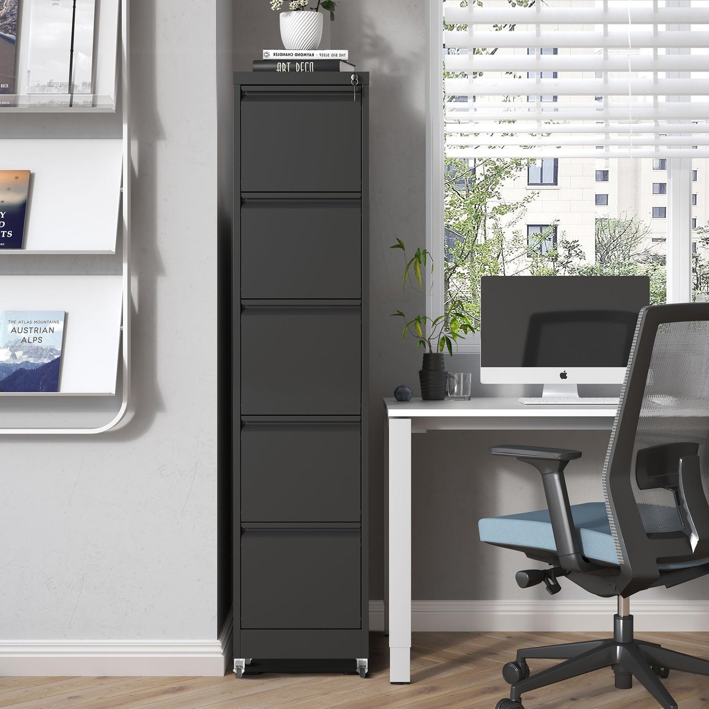 FOSTOKO 5 Drawers Filing Cabient with Wheel, File Cabinet with Lock, Steel Vertical Filing Storage Cabinet for Office, Heavy-Duty File Cabinets for Letters/Legal/A4 (Require Assembly, Black)