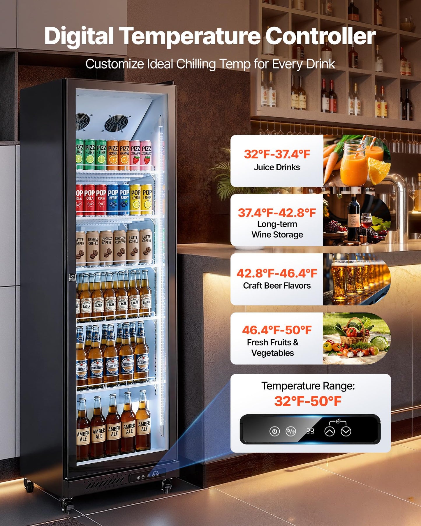 VEVOR Commercial Merchandiser Refrigerator, 12.4 Cu.Ft / 350 L Glass Door Display Refrigerator, Upright Beverage Cooler Fridge with 5 Adjustable Shelves, Soft LED Light & Casters for Homes Shops Bars