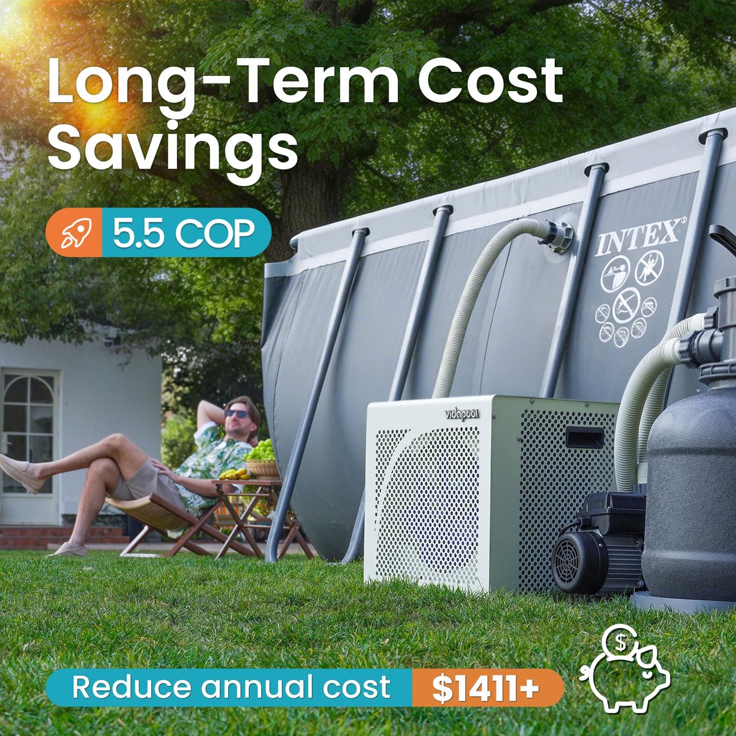 Vidapool 16,000 BTU Swimming Pool Heater 7.5 COP Electric Pool Heat Pump for Above Ground and Inground Pools Heating and Cooling Smart WiFi Control Pools Up to,5000 Gallons