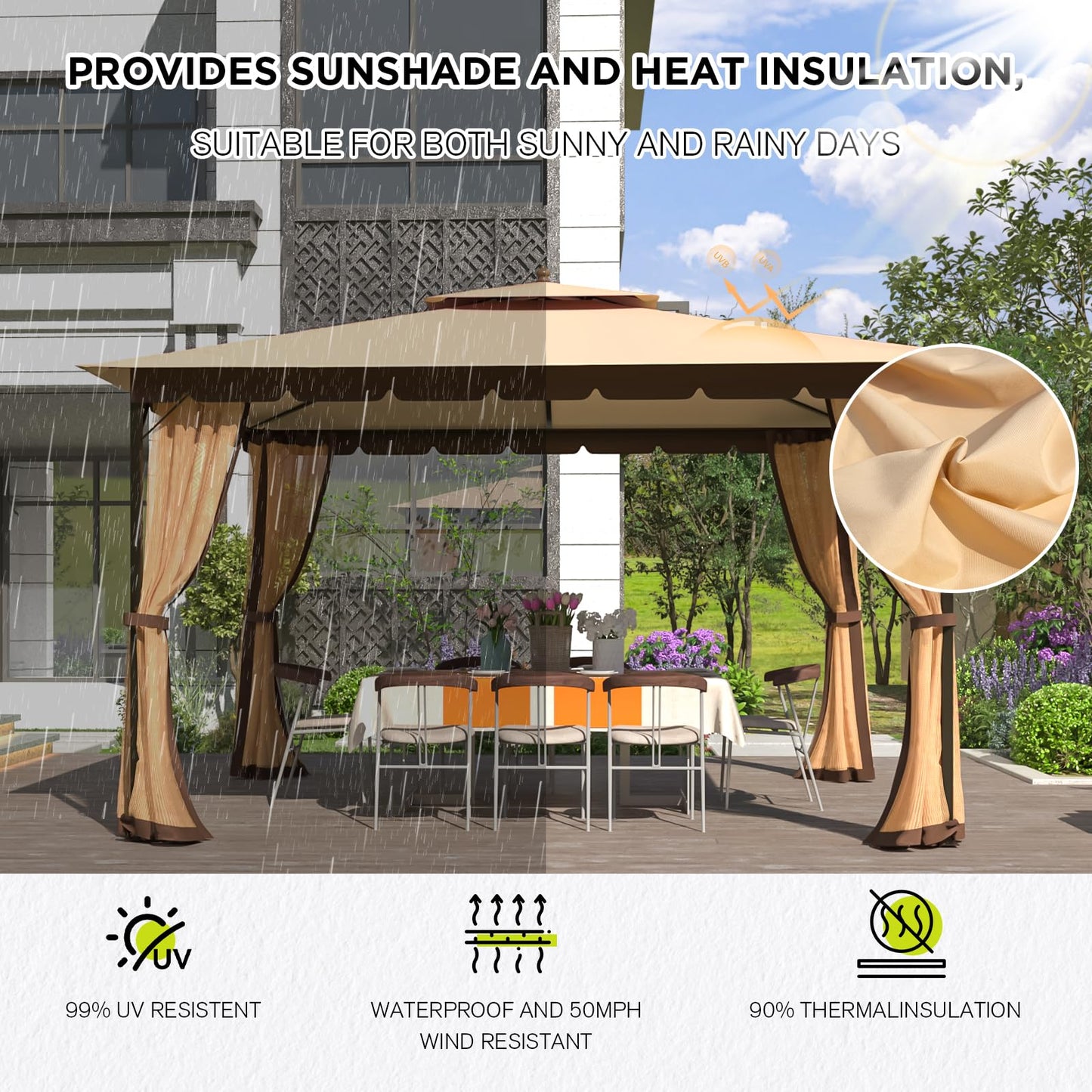 Bezseller 10x12 Outdoor Patio Gazebo with Powder-Coated Metal Frame, Stable Double-Tier Canopy with Zip Mesh Sidewalls for Backyard Dining & Entertaining, Khaki