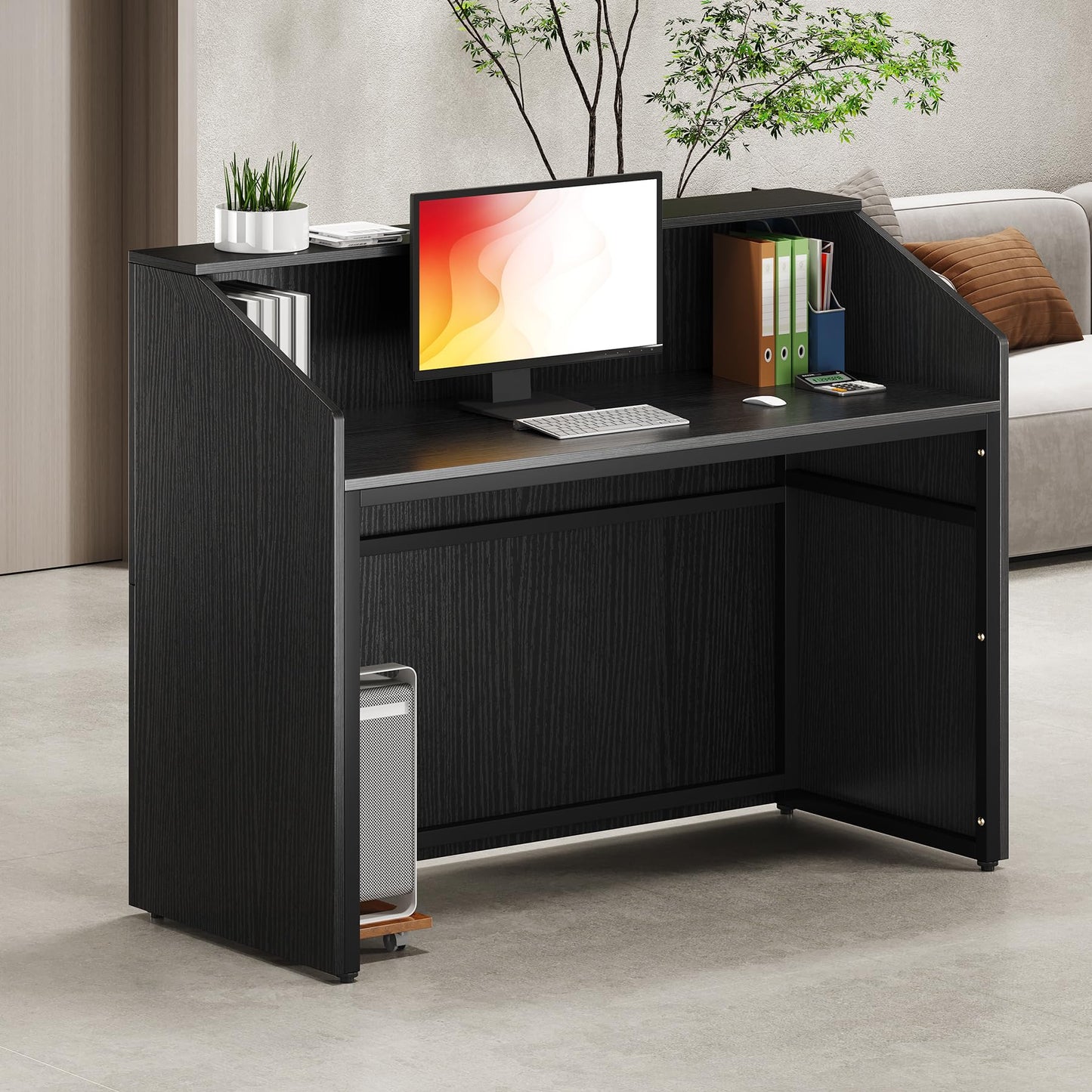 LITTLE TREE 47-Inch Reception Desk with Counter, Black Front Desk Reception Room Table, Retail Counter for Checkout, Modern Welcome Desk for Lobby, Office, Beauty Salon