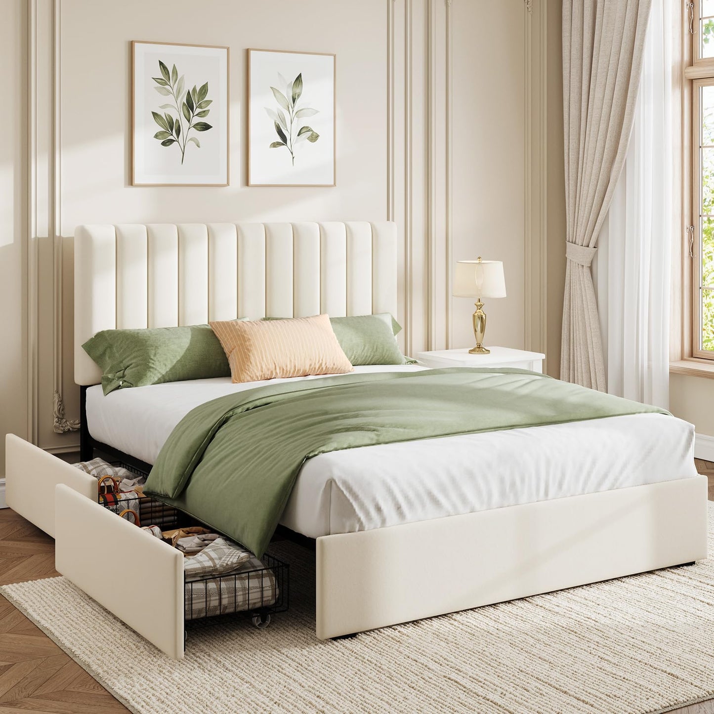 Welzona Queen Velvet Bed Frame with 4 Storage Drawers, Fully Upholstered Metal Platform Bed Frame with Vertical Channel Tufted Headboard, 3-Level Height, Easy Assembly, No Box Spring Needed, White