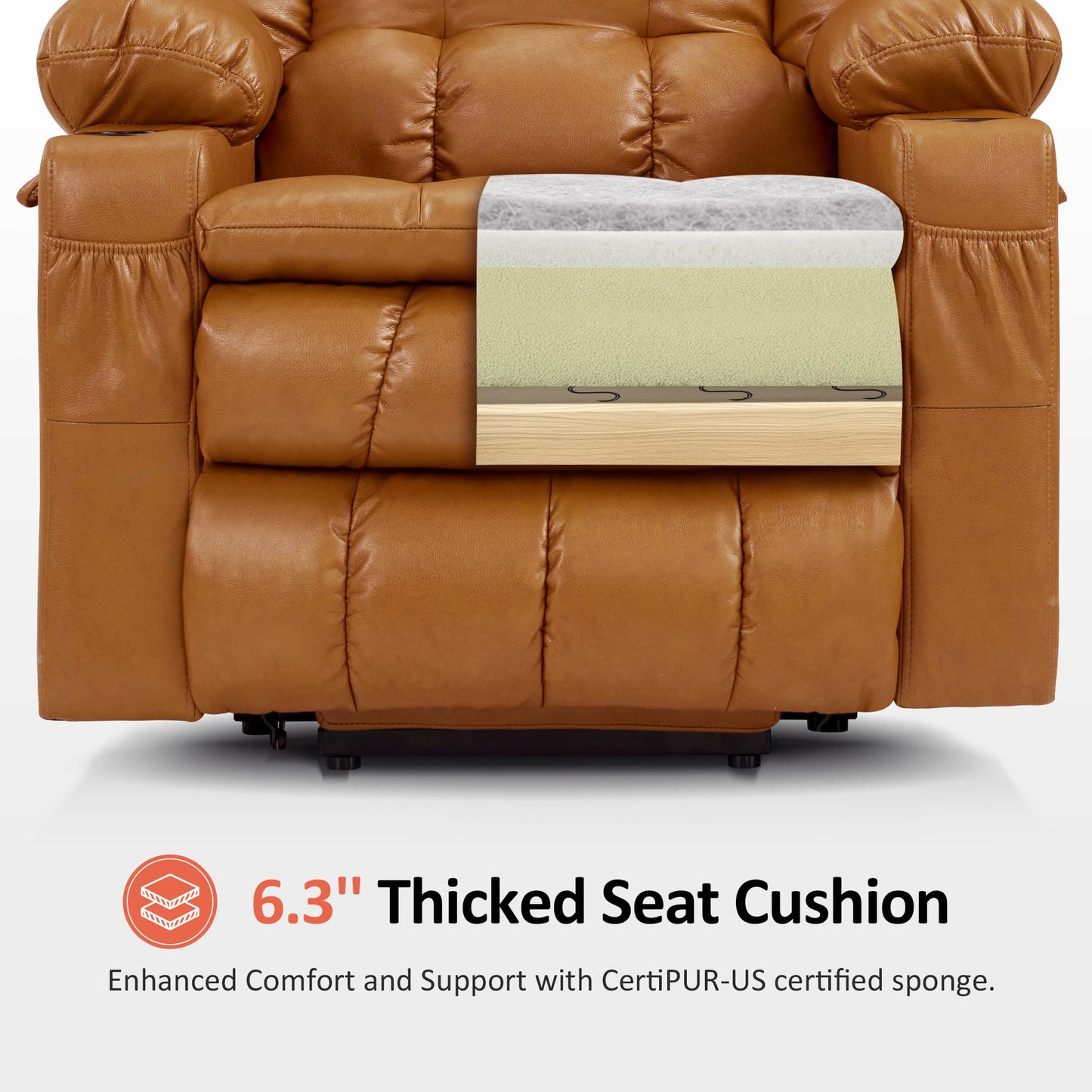 MCombo Dual Motor Power Lift Recliner Chair for Elderly, Lay Flat Lift Chair with Heat and Massage, Cup Holders, USB Ports, Faux Leather 7890 (Tawny, Medium)