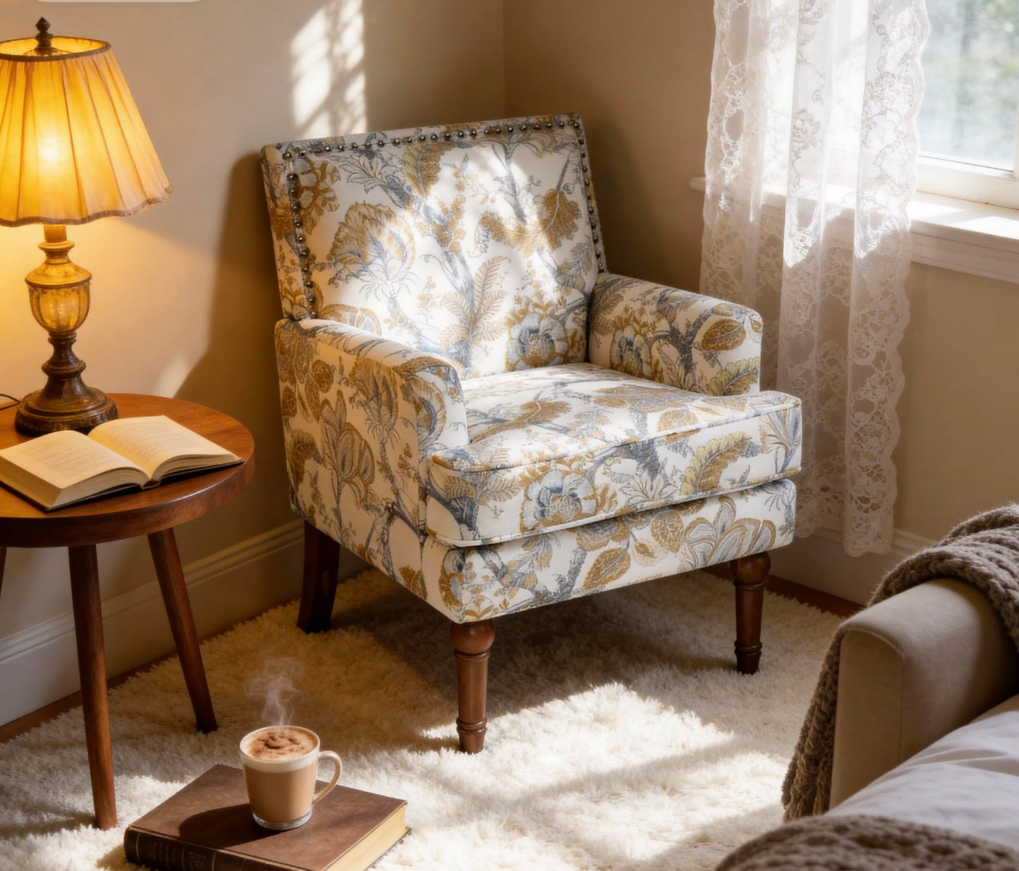 KEIKI Upholstered Accent Chair, Mid Century Armchair with Floral Pattern, Sofa Chair with Solid Wood Legs for Living Room, Bedroom (Earthy Yellow)