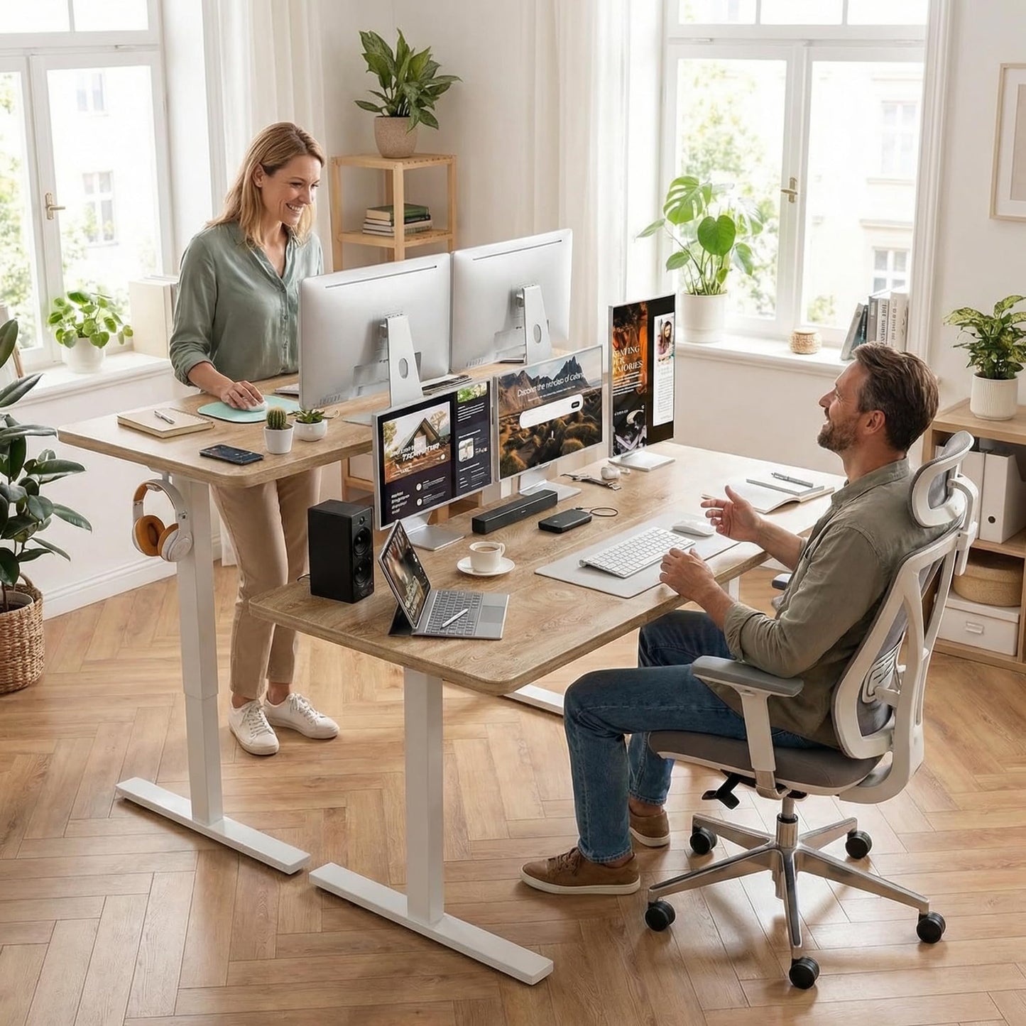 Grandder 55x32 Extra-Deep Electric Standing Desk, Wide Desktop Fits 49" Ultrawide Monitor+Dual Screens, 176 lbs Capacity, 2 Memory Presets, Anti Collision, Computer Desk for Home Office & Gaming, Oak