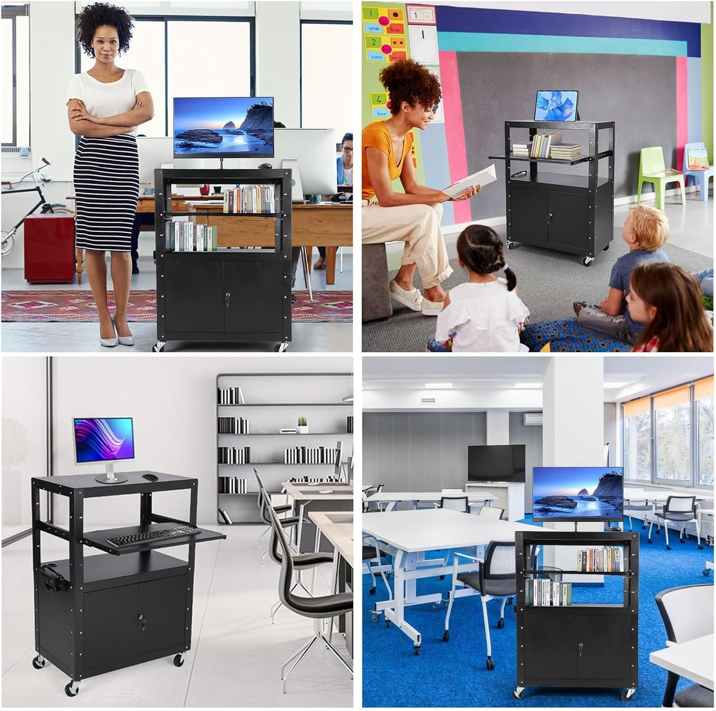 GAOMON Rolling AV Cart with Locking Cabinet, Laptop Stand, and Drop Leaves, Height Adjustable Mobile Utility Cart Workstation with Extra Storage Space, Power Strip