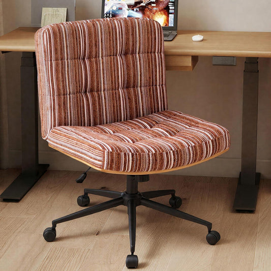 Furnimart Heavy-Duty Curved FSC Wood Desk Chair 360° Swivel, Premium Chenille Criss Cross Chair with Wheels Wide Seat, Comfy Armless Cross Legged Sitting for Bedroom, Office, Vanity(Dark Brown)
