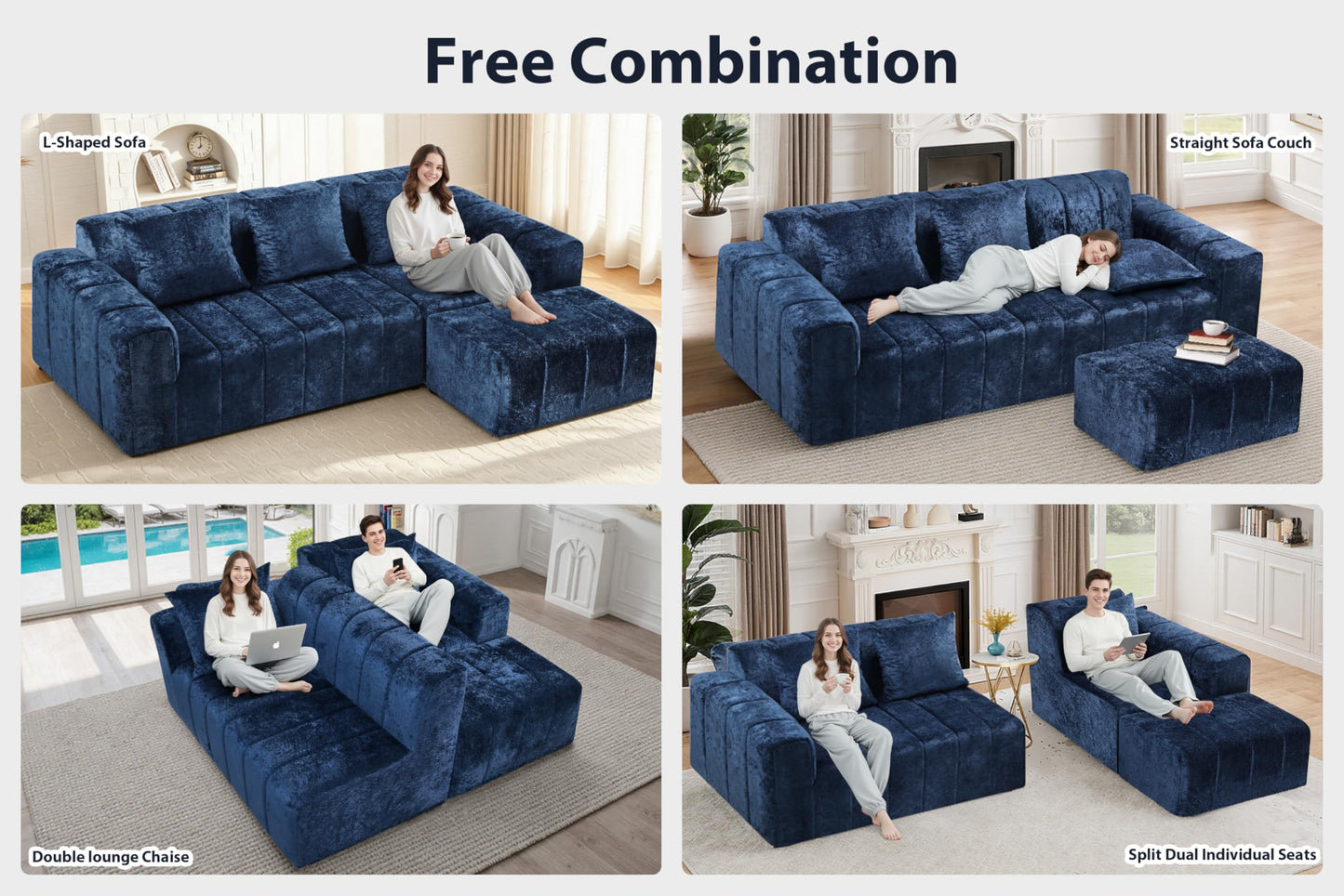 HABUTWAY 95" Modular Sectional Sofa with Chaise, L-Shaped Cloud Couch with Deep Seat, Convertible Upholstered Boneless Couch for Living Room Apartments Bedroom, No Assembly Required, Blue