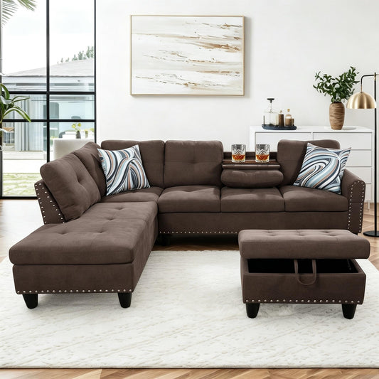 Trygoal 97.5" Linen L Shaped Couch with Left Chaise & Cup Holder, Sectional Sofas Modular Furniture Set with Storage Ottoman, Convertible Couches for Living Room, Small Space & Office (Brown)