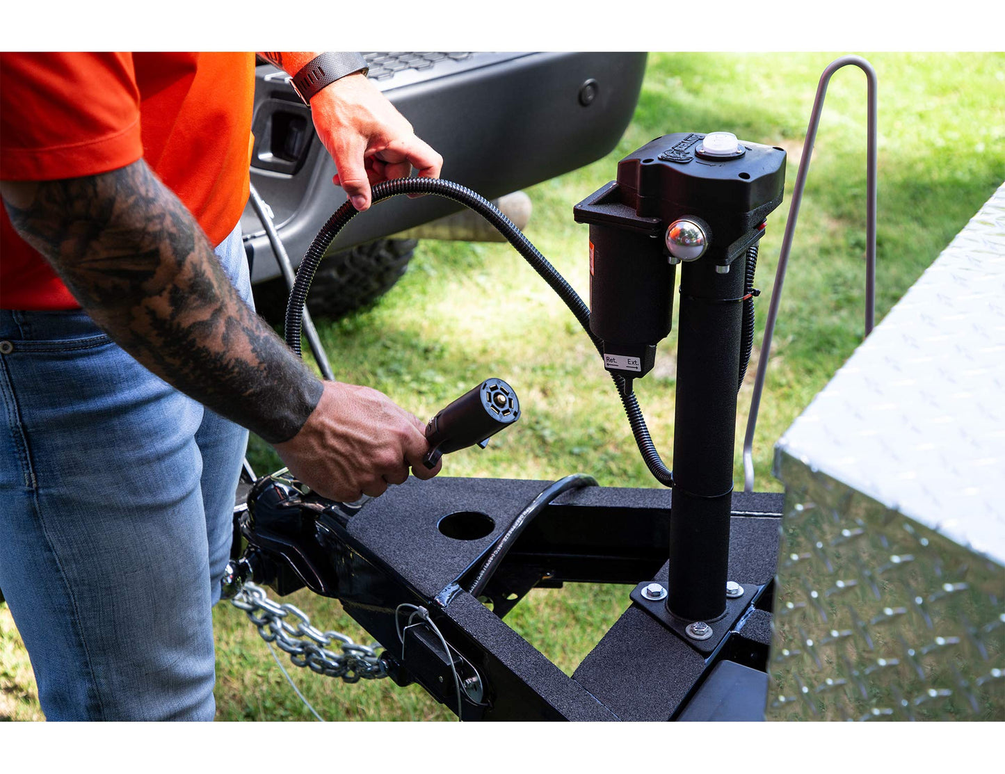 Buyers Products 0093500 12 Volt Electric Trailer Jack, 3500 lb Power Tongue Jack, Pre Wired 7 Way RV Connector, A Frame Mount, Drop Leg, Built-In Leveling Gauge, LED Night Light, Manual Crank Backup