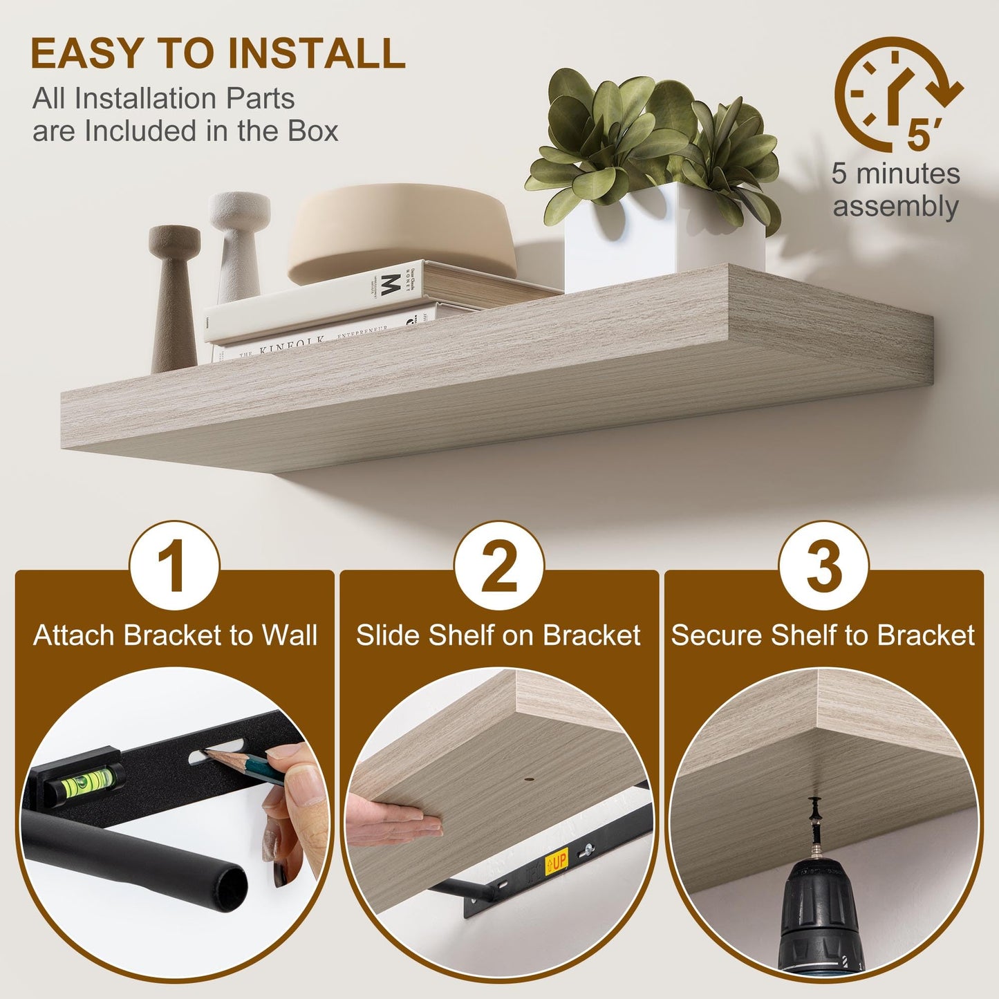 Fun Memories 72 Inch Floating Shelves, Wall Mounted Rustic Wood Floating Shelf with Invisible Brackets for Storage & Decor, 2 Pack Shelves for Bathroom,Bedroom and Kitchen, Grey