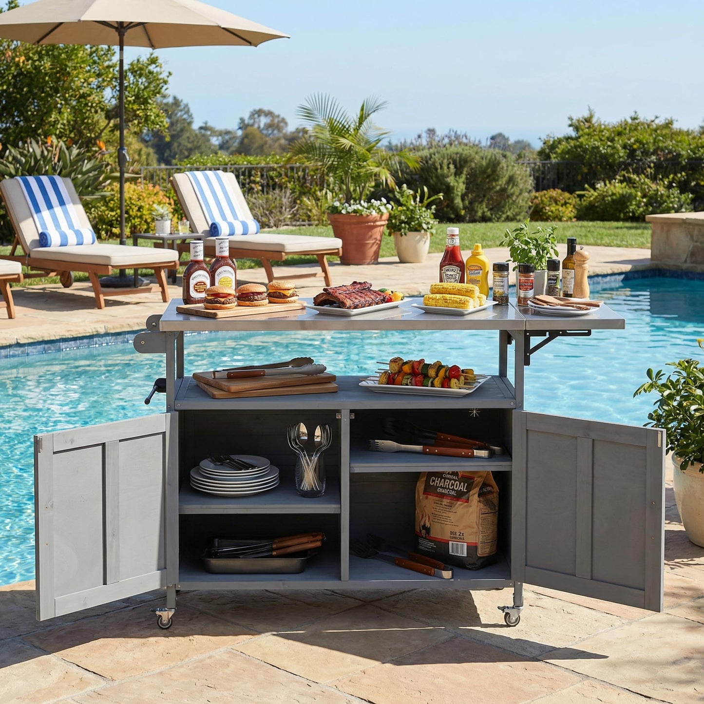 Outdoor Kitchen Island Cart with Foldable Stainless Steel Top, Rolling Grill Table with Adjustable Shelf Storage Spice Rack and Towel Holder, Wooden BBQ Prep Station with Lockable Wheels, Grey
