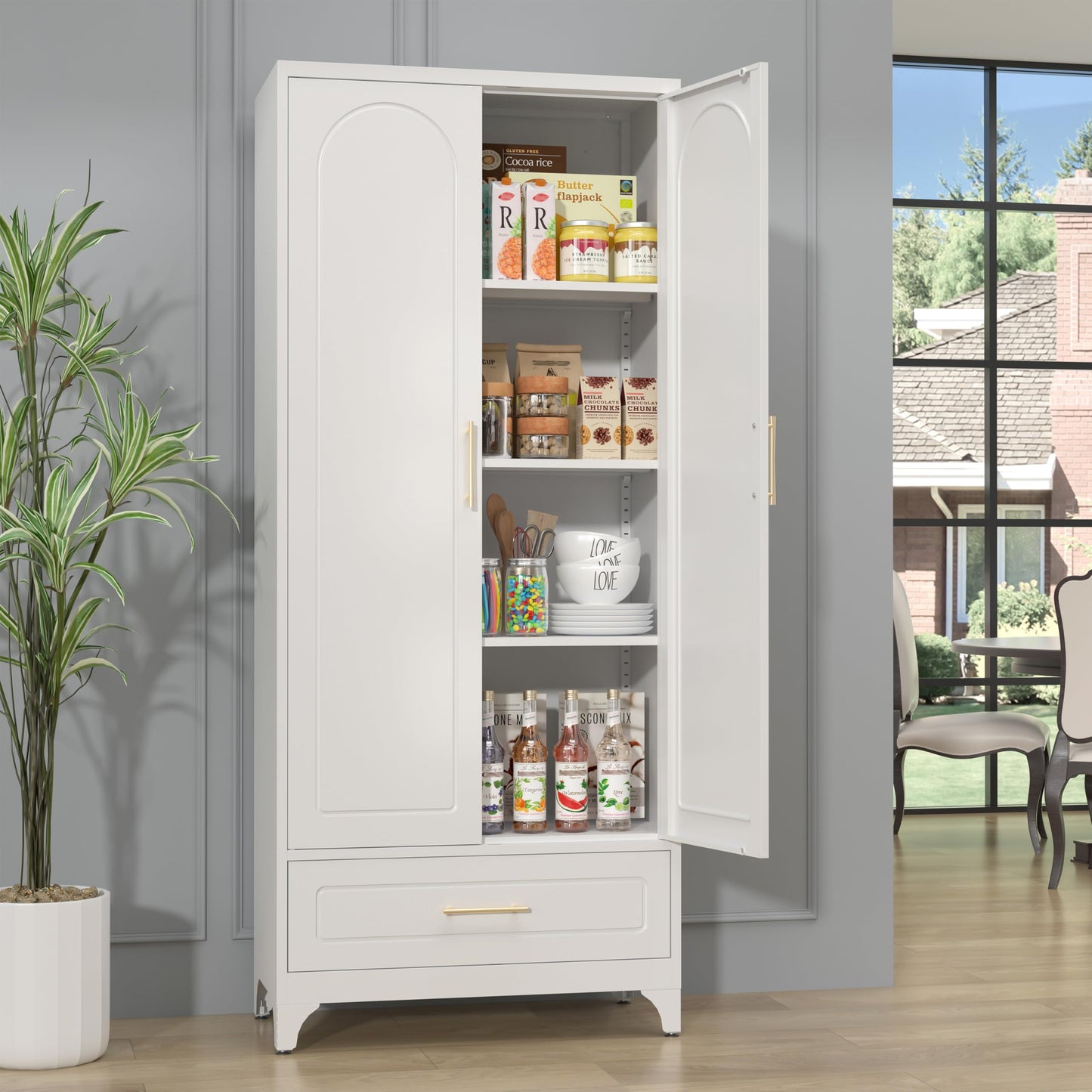 SteeLoong Metal Storage Cabinet with Drawers,75Inch White Pantry Cabinets for Kitchen Storage with 3 Adjustable Shelves,Tall Kitchen Pantry Cabinet for Living Room, Dining Room Office