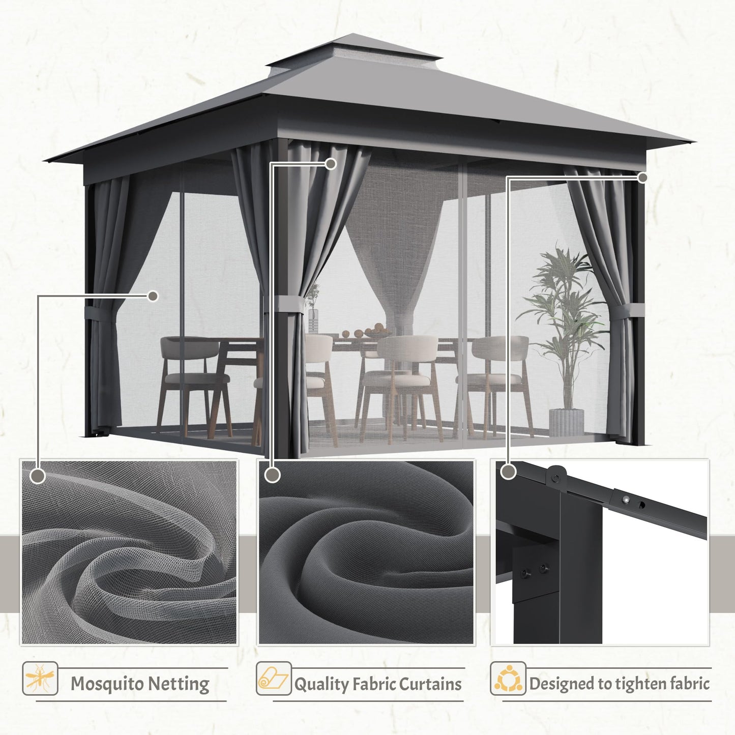 Devoko Outdoor 10'x 10' Gazebo, Soft Top Deck Gazebo with Mosquito Netting, Heavy Duty Metal Frame Canopy with Expansion Bolts and Double Roofs，Party Tent & Shelte for Backyard, Garden (Grey)