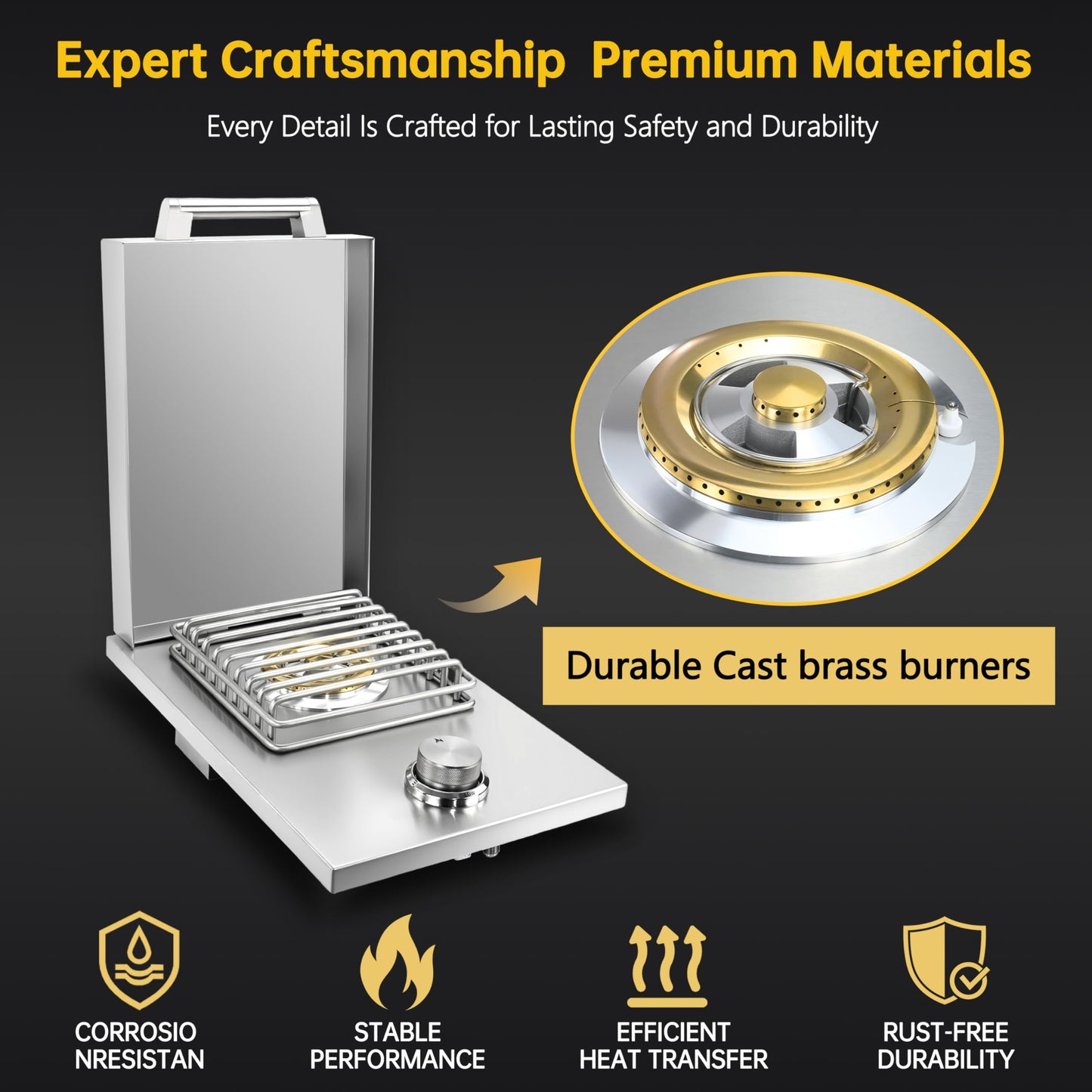 Built-in Single Grilling Side Burner for Outdoor Grill, Heavy-Duty 304 Stainless Steel, Drop in Side Burner With Cover, 15,000BTU Natural Gas & Propane, Single Side Burner for Family Patio Parties