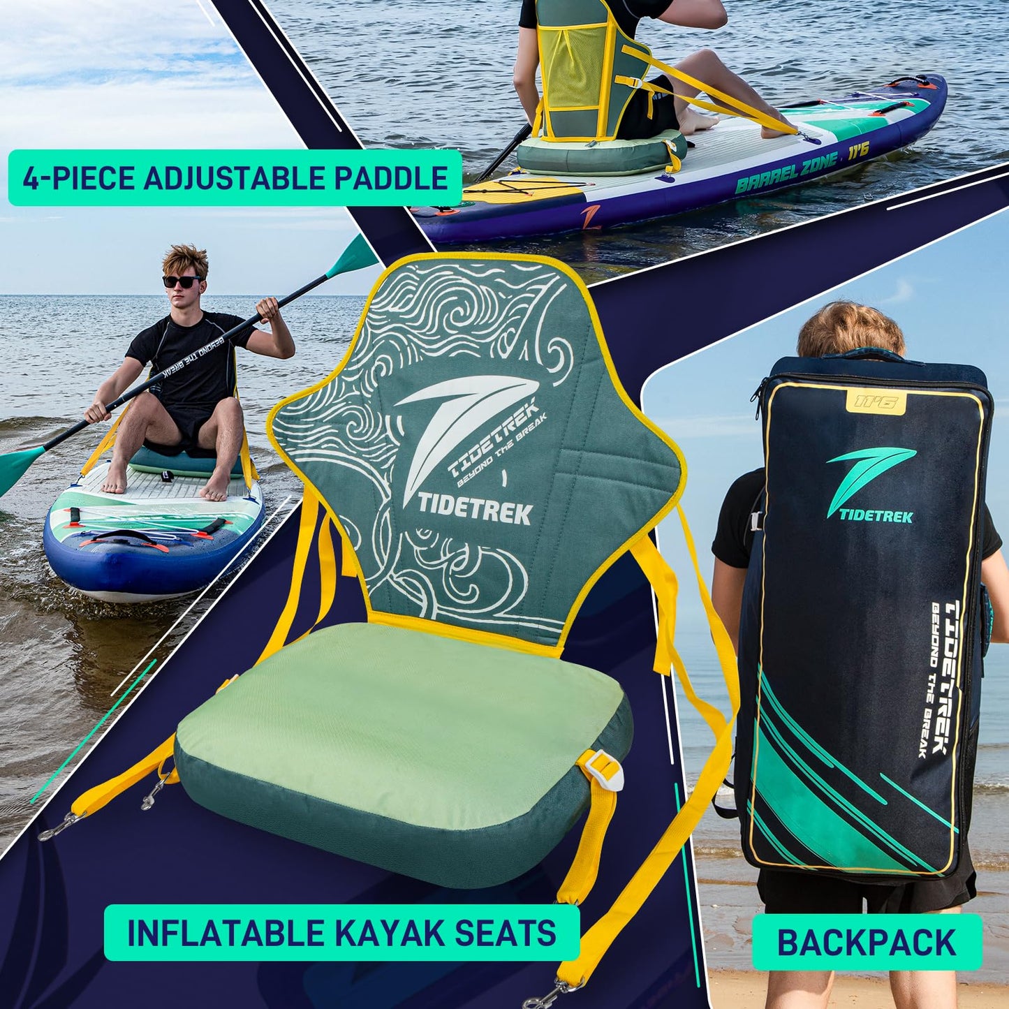 TIDETREK 11'6" Inflatable Stand Up Paddle Boards, Premium SUP Accessories, Non-Slip Comfort Deck for Youth & Adults (Ocean Sunrise/Kayak Seat)