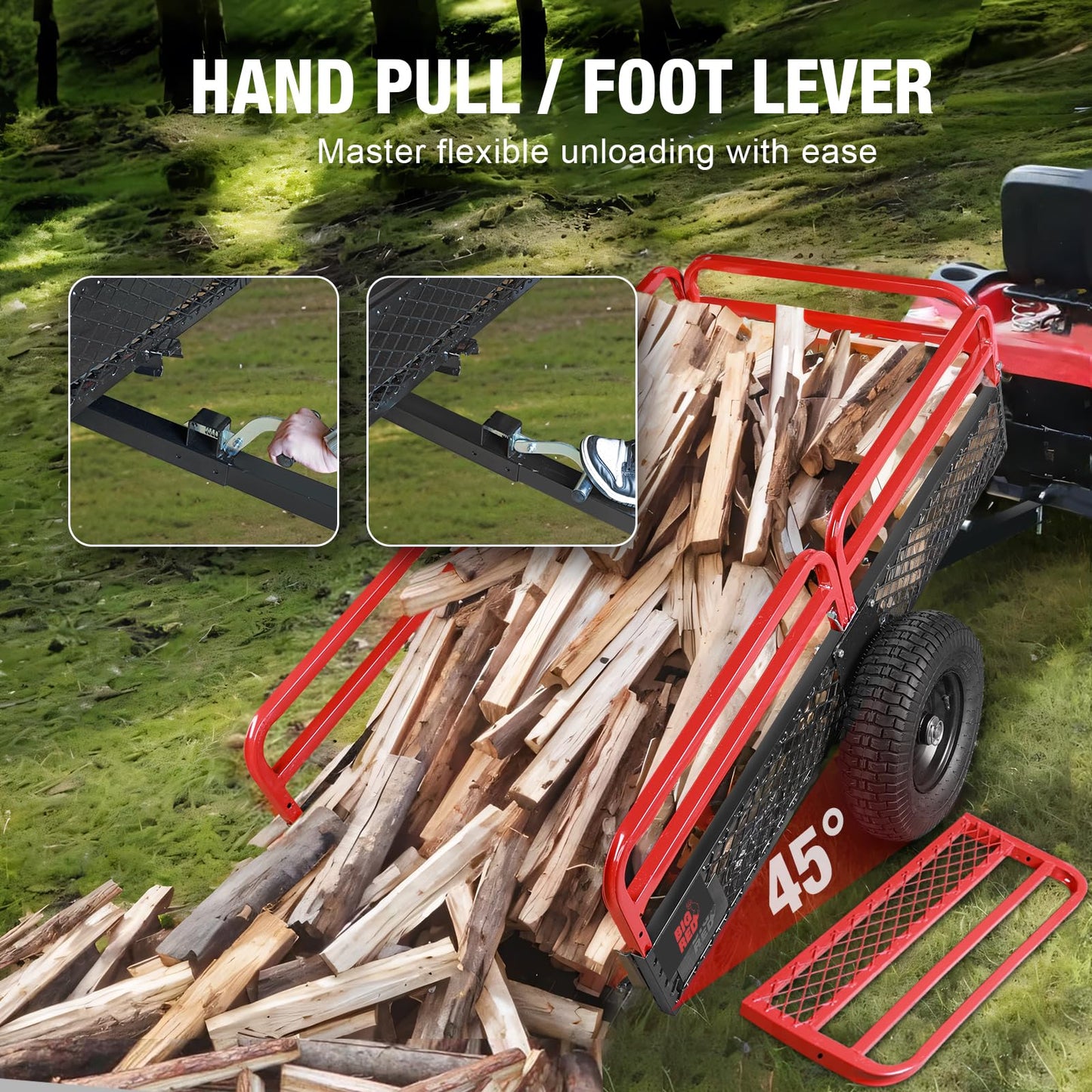 Big RED Heavy Duty ATV Dump Trailer, 1500lb Capacity 15 cu.ft Utility Cart with Red Steel Railings,16" Tires for Tractor, UTV