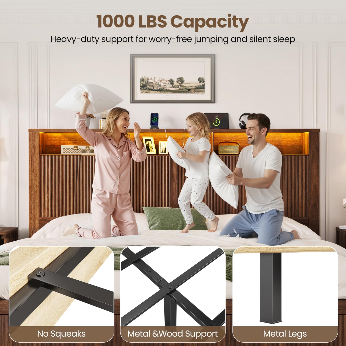 CypBed King Size Bed Frame and Headboard& 2 Storage Drawers, King Bed Frame with LED Light and Charging Port, Farmhouse Wavy Design, Wood & Metal Platform, Noise-Free, No Box Spring Needed, Walnut