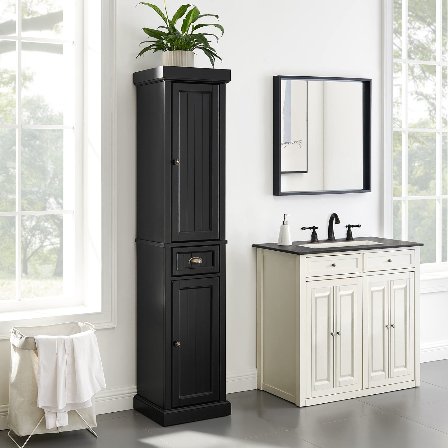 Crosley Furniture Seaside Tall Linen Storage Cabinet and Bathroom Organizer with a Drawer and Shelves, Distressed Black