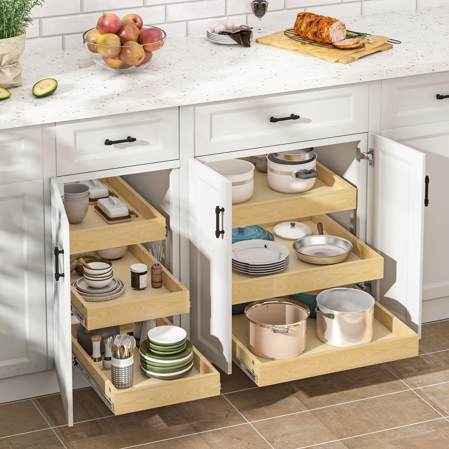 WelFurGeer 3-Tier Pull Out Cabinet Organizer with Soft Close, Heavy-Duty Pull Out Drawers for Cabinets, Slide Out Shelf for Kitchen, Pantry, Bathroom & Under Sink, Solid Birch Wood