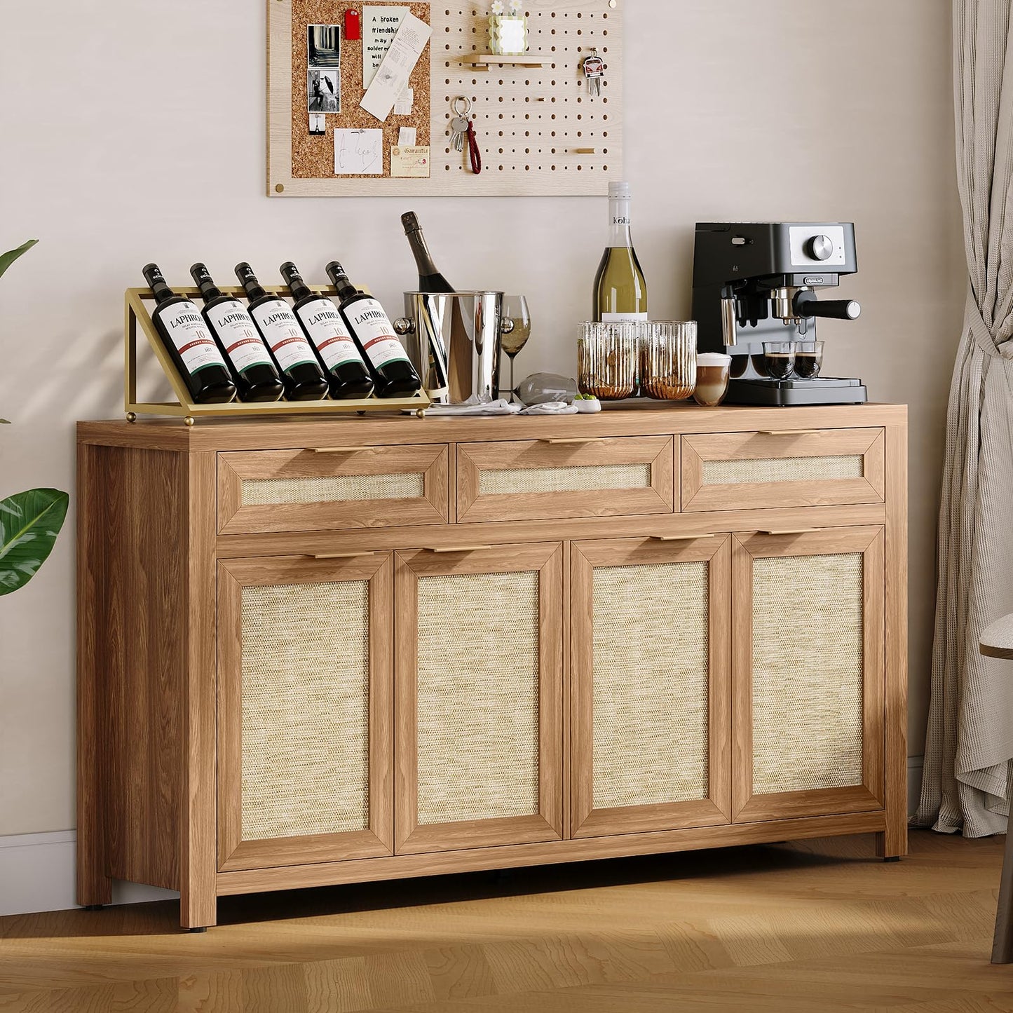 IDEALHOUSE Kitchen Sideboard Buffet Cabinet with Storage, 63in Large Farmhouse Wood Coffee Bar Credenza Cabinet with 3 Drawers and 4 Doors Adjustable Shelves for Living Room, Deep Oak