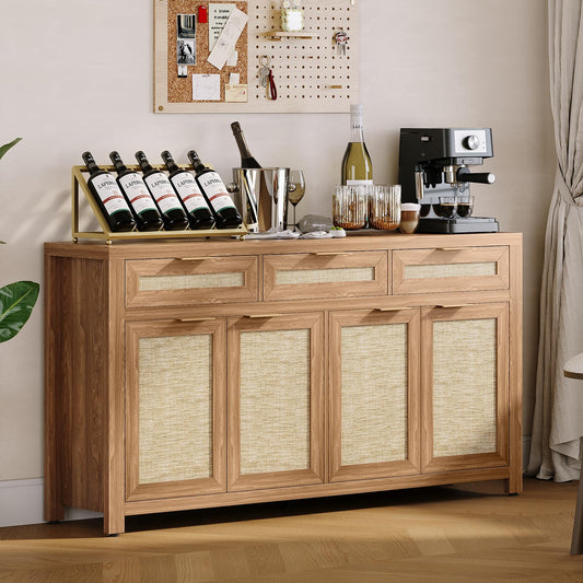 IDEALHOUSE Kitchen Sideboard Buffet Cabinet with Storage, 63in Large Farmhouse Wood Coffee Bar Credenza Cabinet with 3 Drawers and 4 Doors Adjustable Shelves for Living Room, Deep Oak