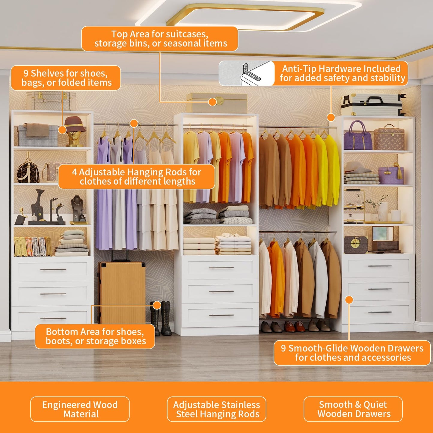 Closet System with 3 Sets, 6–15 FT Closet System with 9 Drawers, 9 Shelves & 4 Adjustable Hanging Rods, Max 189.3" Closet Organizer Systems for Walk-in Closets, Modular Custom Closet Tower, White