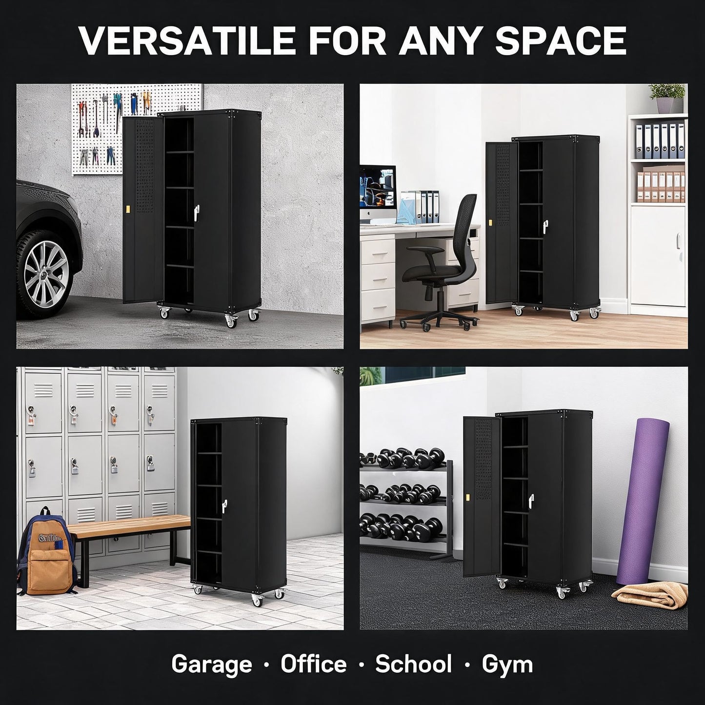 Garvee Large Metal Cabinet Two Lockable Doors Four Wheels,Four Adjustable Dividers Can Be Used As Tool File Storage Suitable for Garages Schools Gyms Offices