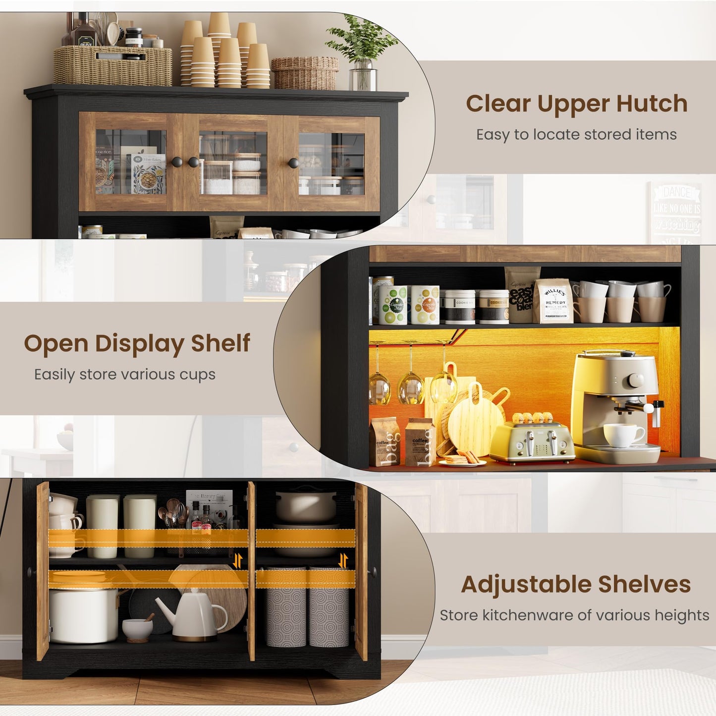 GAOMON 69" Pantry Cabinet with LED Light & Charging Station, Kitchen Pantry Storage Cabinet with Drawer & Adjustable Shelves, Coffee Bar Table for Kitchen Room, Living Room, Dining Room, Black