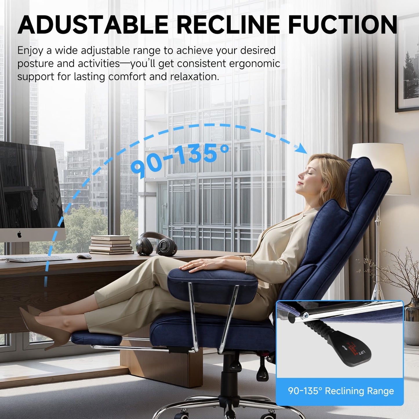 GTPLAYER Gaming Chair,Office Chair with Pocket Spring Lumbar Support, Ergonomic Comfortable Wide Office Desk Computer Chair with Outward Fixed Soft Armrests and Footrest (Fabric, Dark Blue & White)