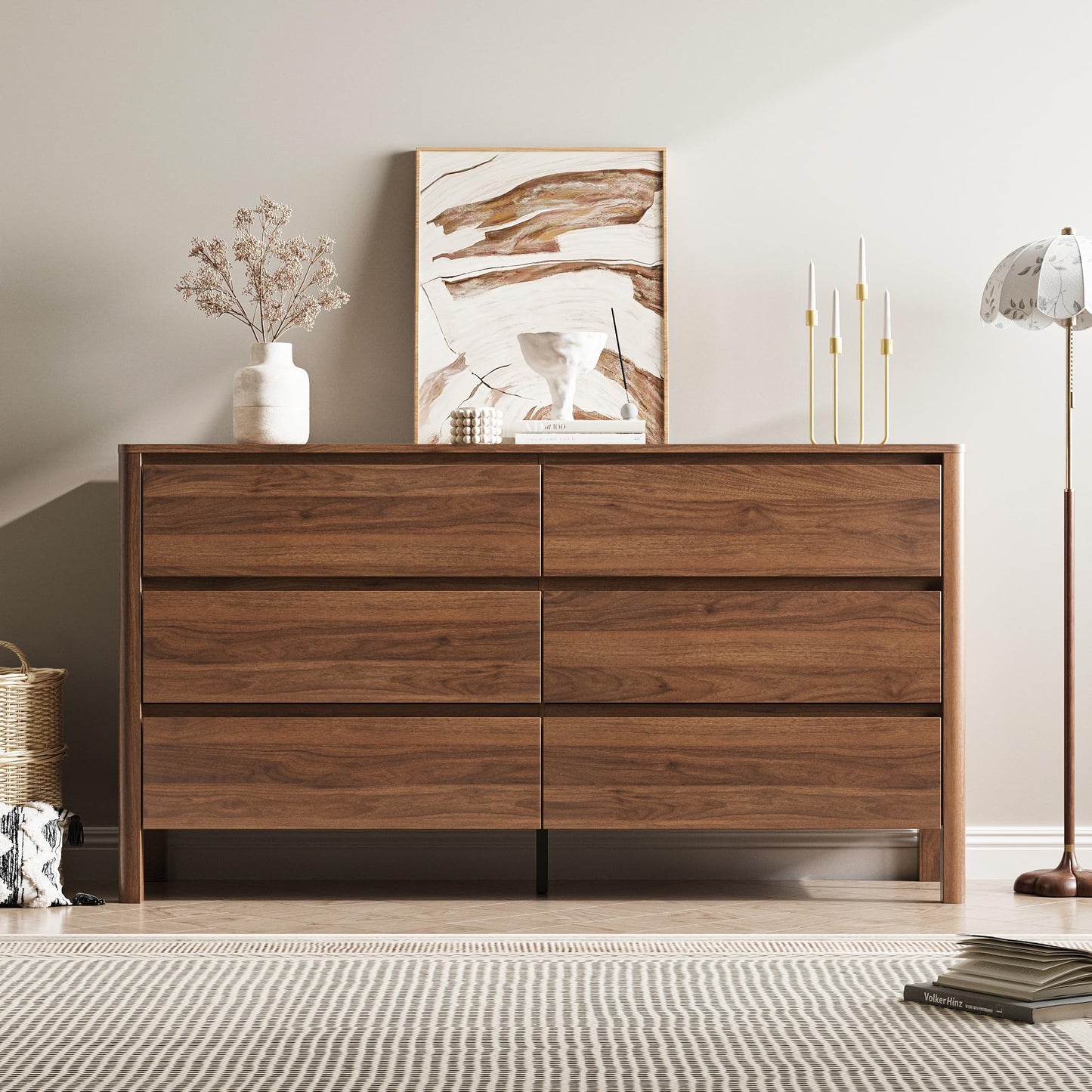 MAISONARIA Walnut Dresser for Bedroom, 55.1" Wide Dresser with 6 Drawers and Hidden Handles, Modern Wood Chest of Drawers for Clothes and Accessories, Stylish Storage Cabinet for Living Room, Entryway