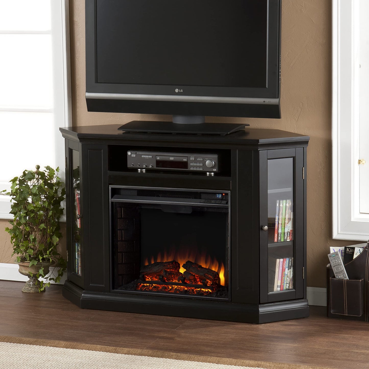 SEI Furniture Claremont Convertible Corner Electric Fireplace Media Stand with Storage, Black