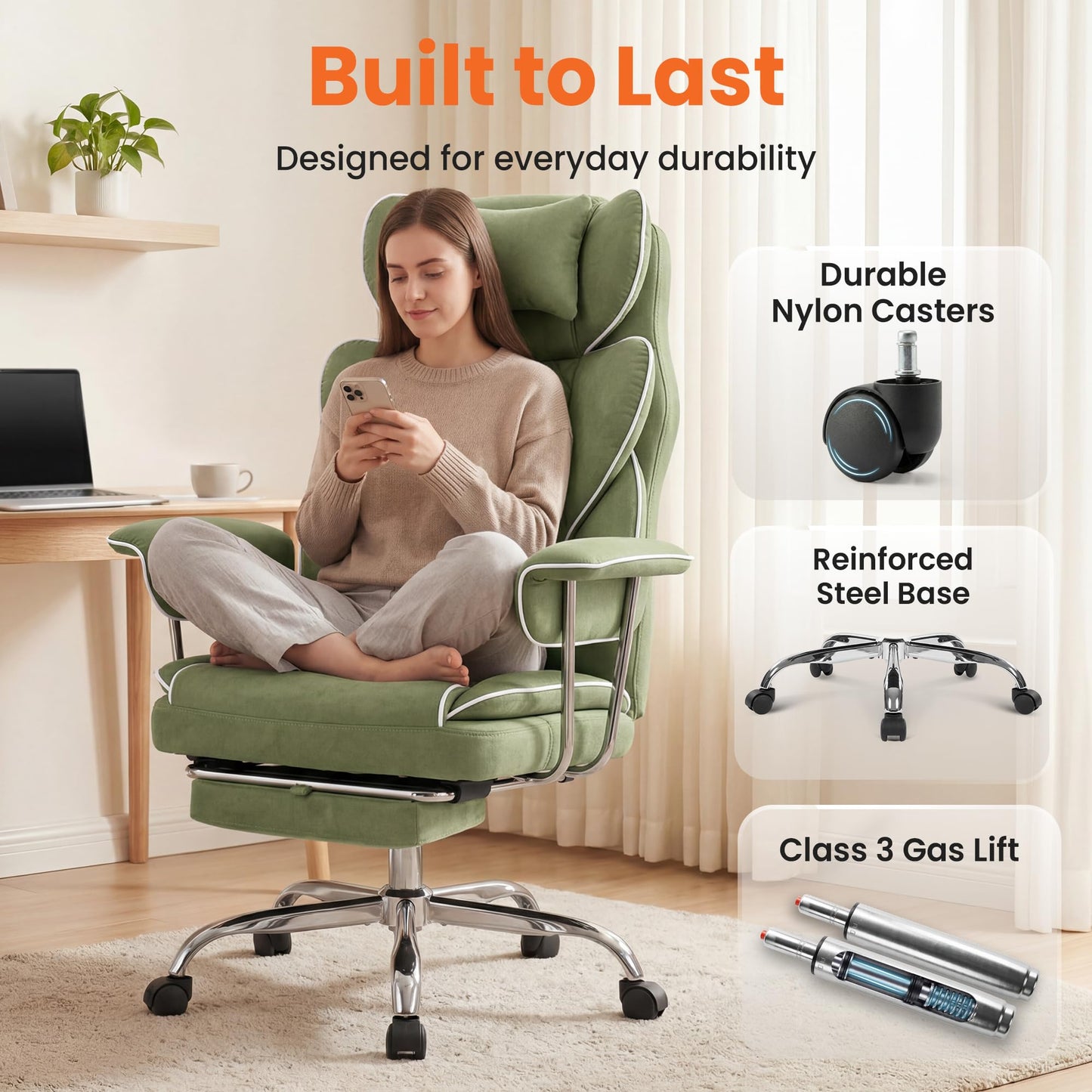 NEO Chair Big and Tall Offie Chair Gaming Computer Chair High Back Heavy Duty Desk Chai with Lumbar Support Adjustable Recliner Footrest Wide Seat Fabric Executive Home with Wheels (Fabric Green)