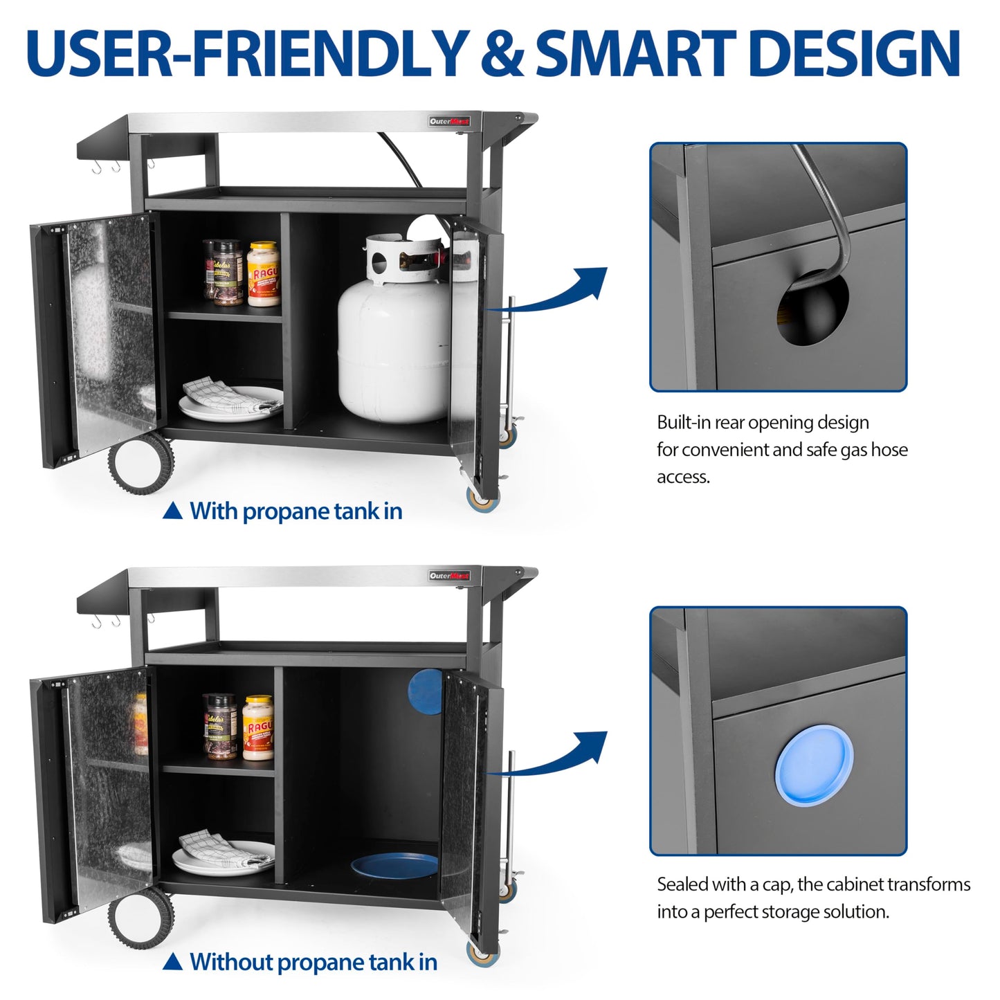 OuterMust Grill Table Outdoor Kitchen Cabinet, Moveable Outdoor Prep Table & Bar for Storage, Grilling and Pizza Oven, Multifunctional Silver & Black