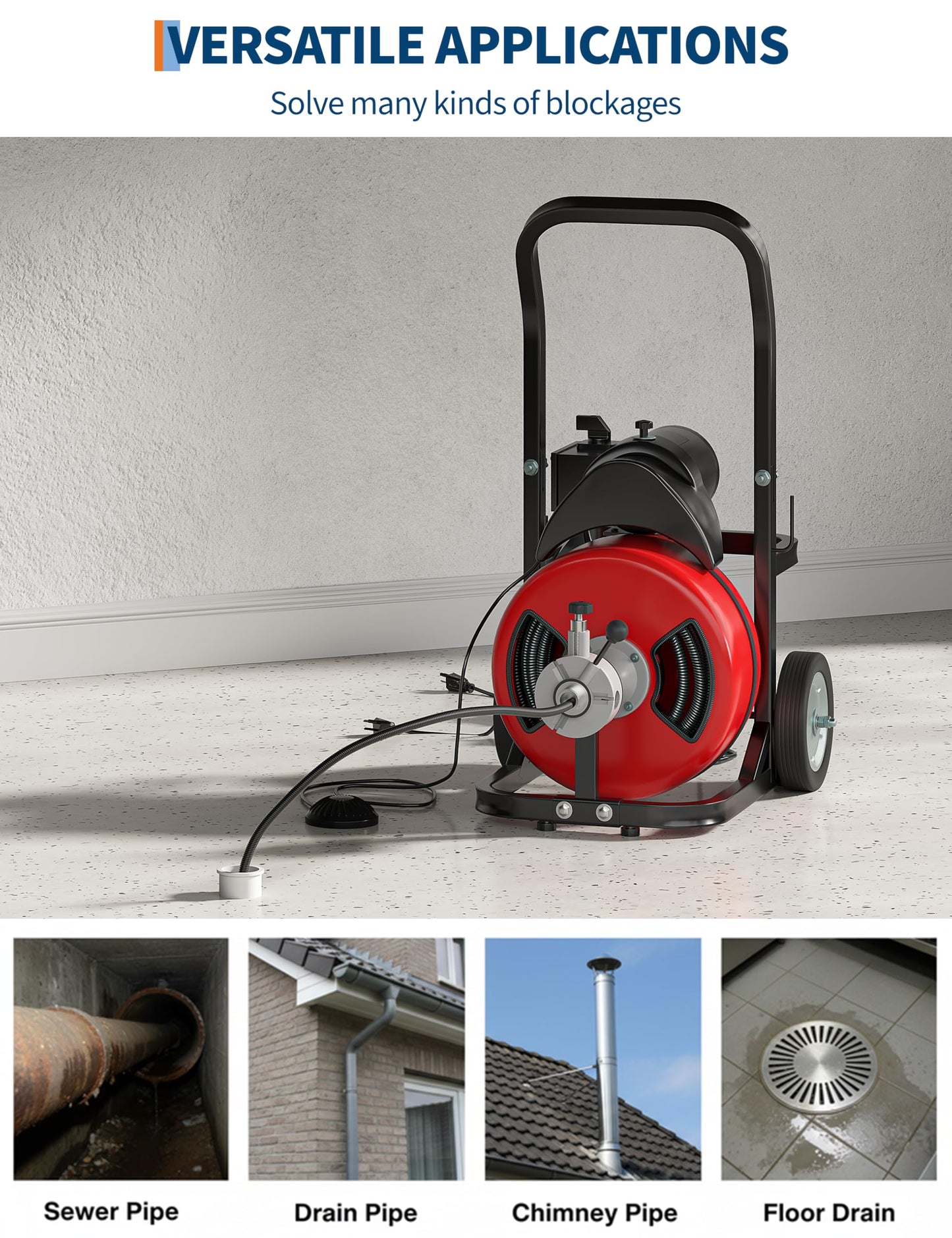 Drain Cleaner Machine 100FT x 1/2 Inch Steel Core Cable Portable 370W Electric Drain Cleaning Machine With Sewer Auger, Cutter, Air-activated Foot Switch, Wheels for Commercial, Home