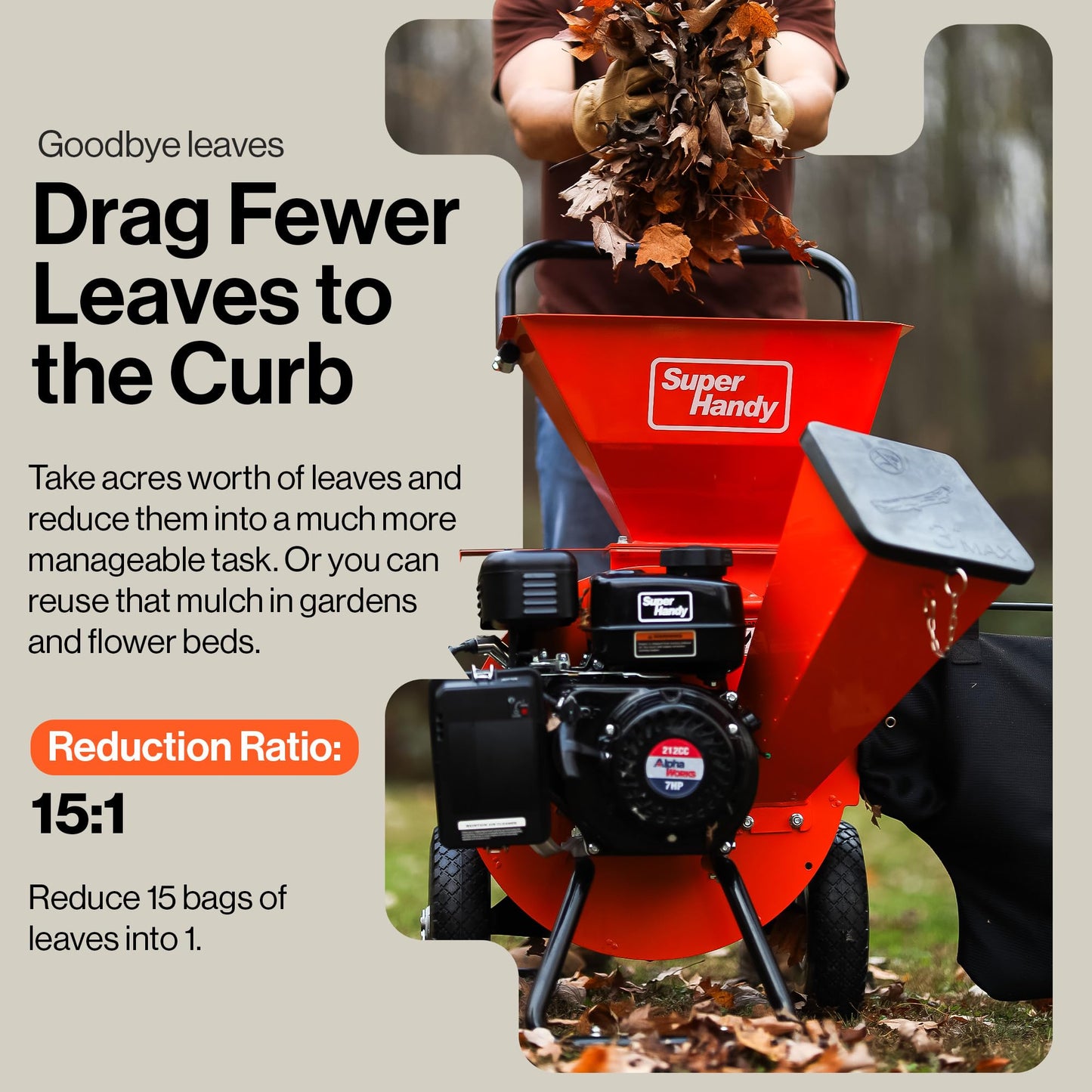 SuperHandy Wood Chipper Shredder Mulcher Ultra Heavy Duty 7HP 3 in 1 Multi-Function 3" Inch Max Capacity (Amazon Exclusive)