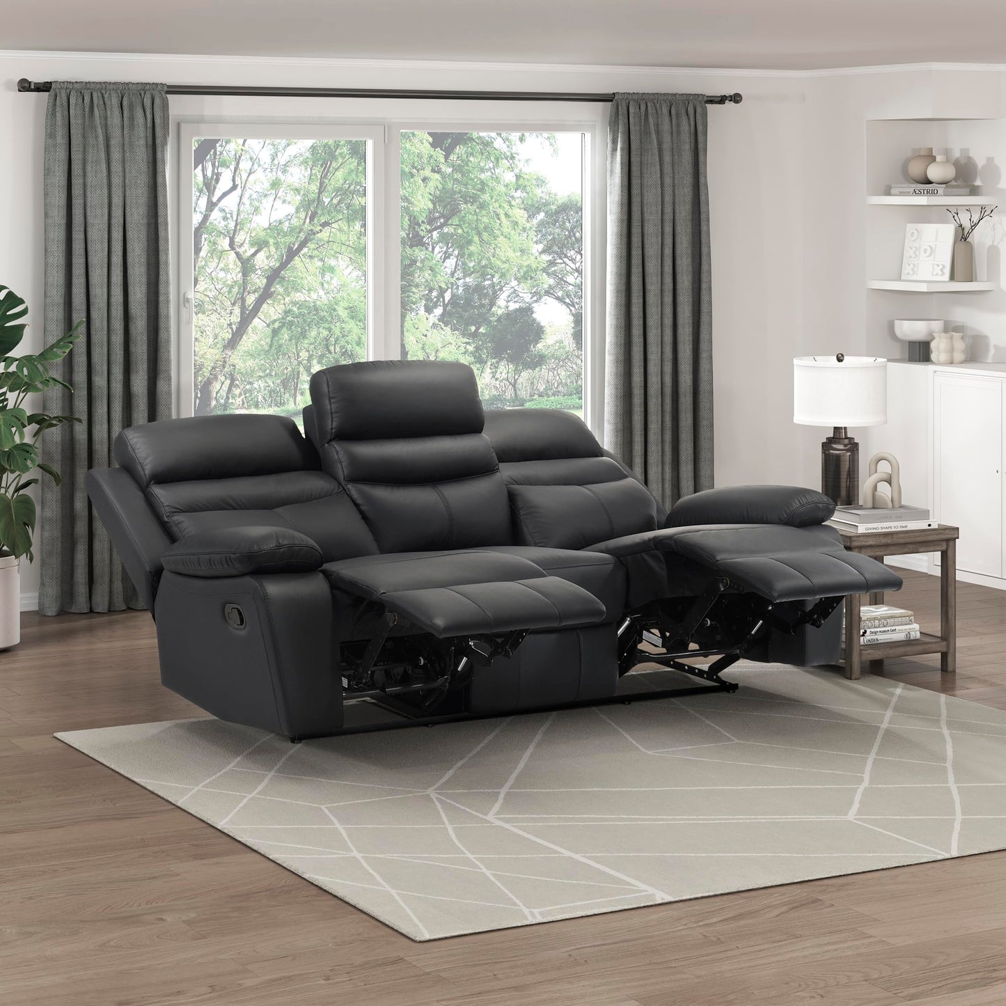 Lexicon 86.5" W Manual Reclining Sofa, Top Grain Leather Match Reclining Sofa, Home Theater Seating, Wall Hugger Recliner Couch, Manual Double Recliner RV Couch for Living Room, Black