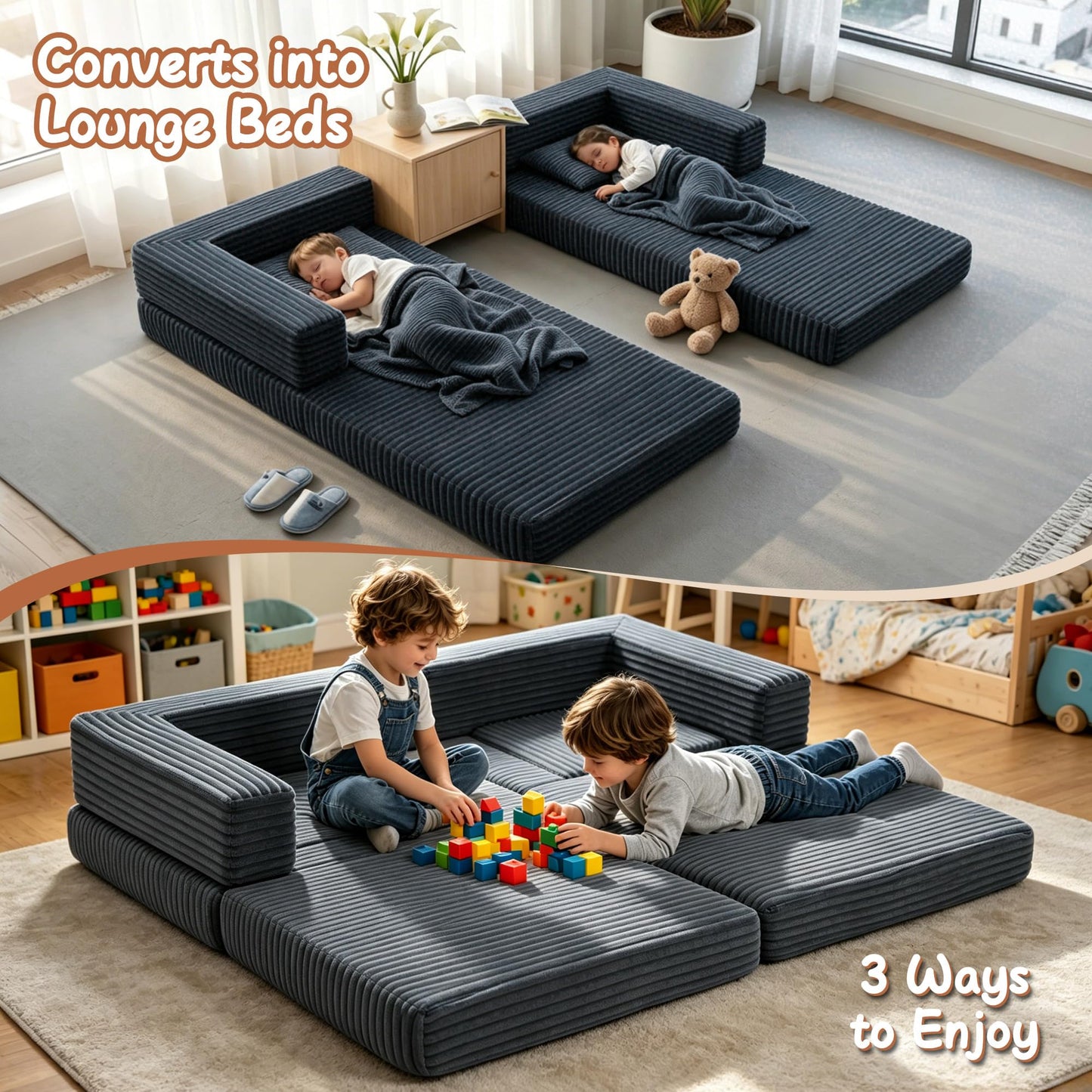 Umoving 2PCS Modular Floor Sofa Set, Convertible Sofa Bed with Adjustable Backrest, Family Seating for Kids, Teens & Adults, Lounge Couch for Gaming, Reading & Relaxing, Grey