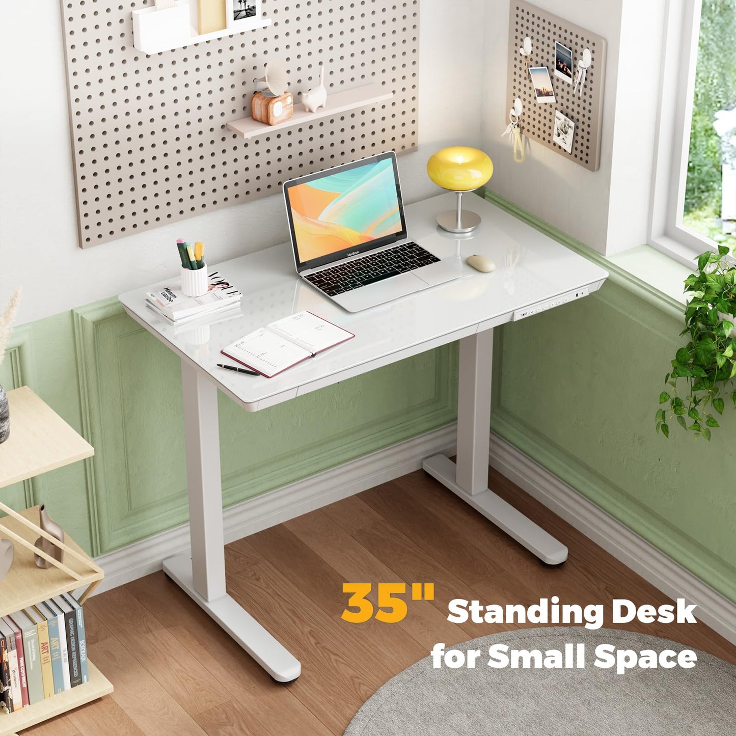JYLH JOYSEEKER Glass Electric Standing Desk with Drawer, 35" x 20" Whole Piece Small Sit Stand Table, Height Adjustable Desk with Storage & USB Ports, Quick Install Home Office Computer Desk, White