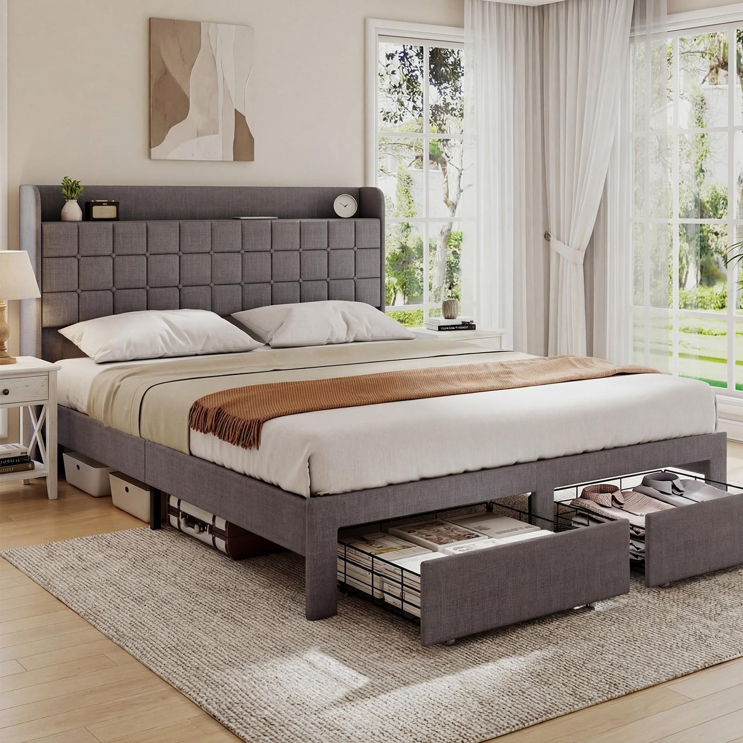 OLIXIS Queen Size Bed Frame with Headboard, Upholstere Platform Bedframe with 2 Fabric Underbed Storage Drawers, Mattress Foundation with Wooden Slats Support, Easy Assembly, Gray