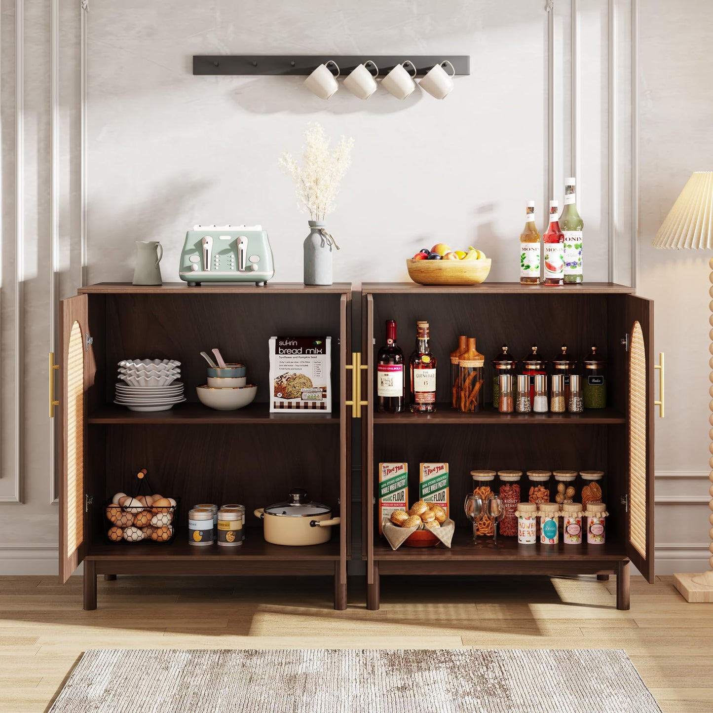 Tribesigns Set of 2 Rattan Sideboard Buffet Cabinet with Storage, 59 Inch Accent Cabinet for Dining Room, Living Room, Kitchen, Rattan and Dark Brown