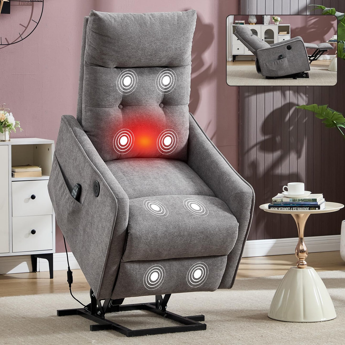 KEIKI Single Motor Power Lift Recliner Chair with Massage and Heat for Home Theater, Soft Fabric Finish with USB Charging Port and Motion Mechanism for Elderly