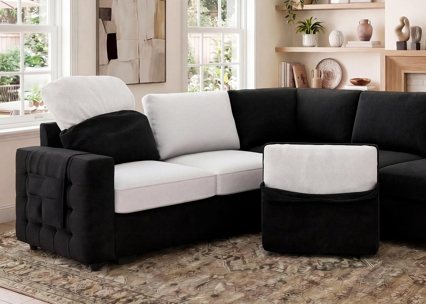 HONBAY Sectional Sleeper Sofa with Pull Out Bed U-Shape Sectional Couch with Storage Chaise 6 Seater Sleeper Sectional Sofa Bed, Velvet Black