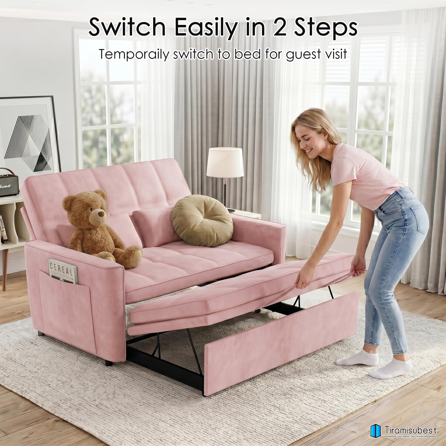 tiramisubest 54'' Sleeper Sofa Bed, Convertible Pull Out Couch Futon for for Living Room,Apartment (Pink, Loveseat) Side Pockets, Velvet Fabric, Adjustable Backrest, Pull-Out Bed, Easy Assembly