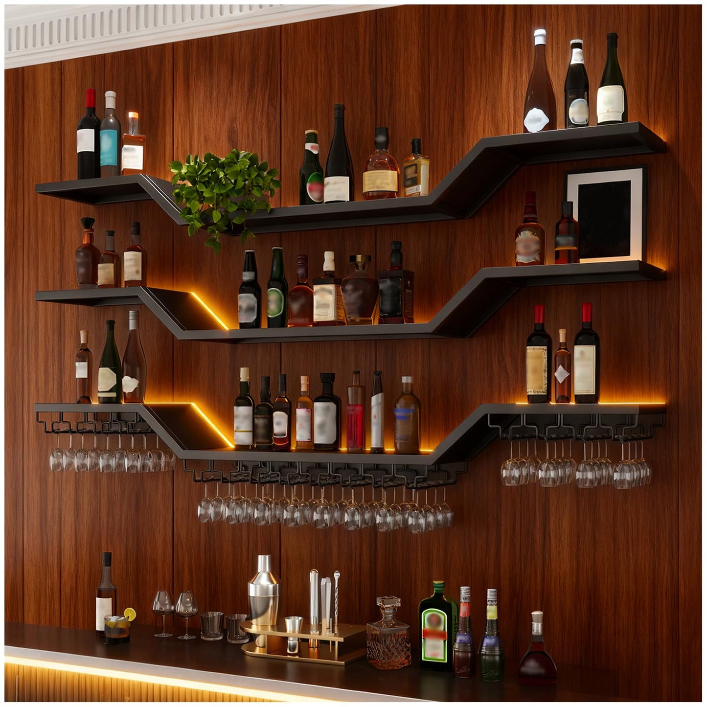 70.8in Modern LED Wine Rack Wall Mounted, 3-Tier Floating Bar Shelves with Wine Glass Rack, Large Hanging Liquor Shelf Wall Mounted, for Home Bar Dining Room Cafe Decorative (Black, 70.8in/180cm)