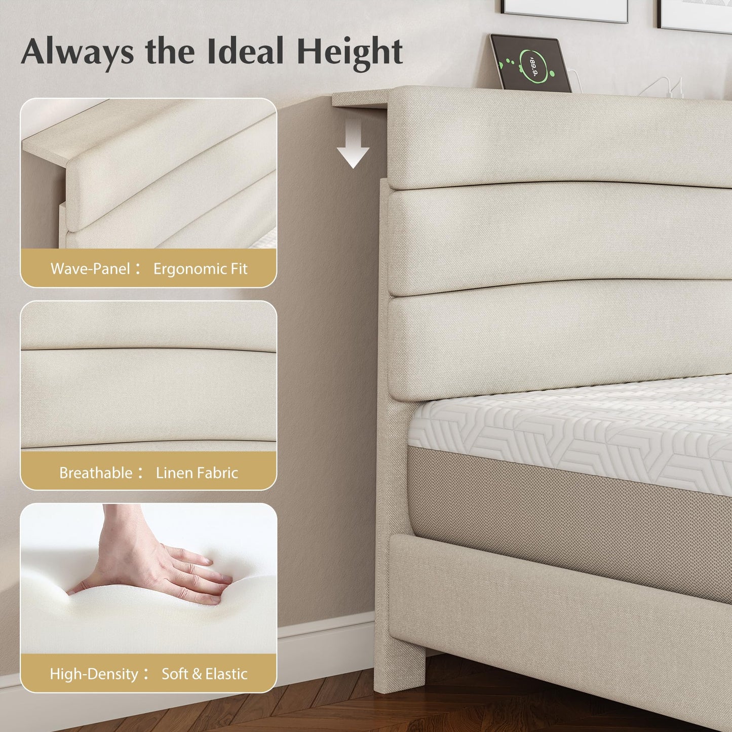 EnHomee King Size Platform Bed Frame with Headboard, Adjustable Height, Wooden Slats,Charging Stations,Noise-Free, No Box Spring Needed,Easy Assembly,Beige