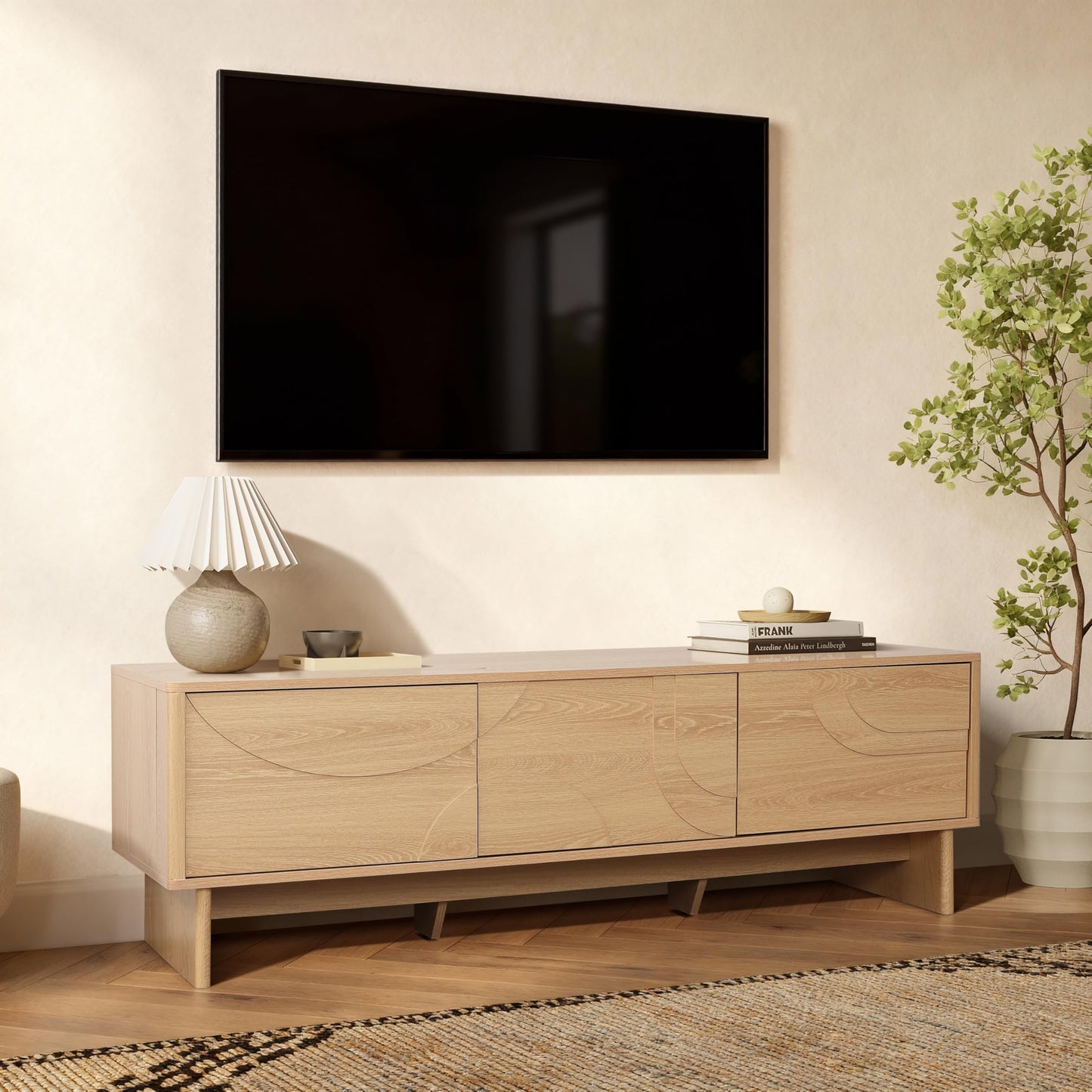 LuxenHome 59" Oak TV Stands for 65 Inch TV, Modern Entertainment Center for Living Room, Low Profile Wooden Media Console Cabinet with Doors for Bedroom, Light Wood TV Console Table