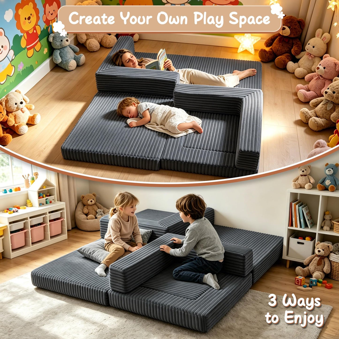 Umoving 2PCS Modular Floor Sofa Set, Convertible Sofa Bed with Adjustable Backrest, Family Seating for Kids, Teens & Adults, Lounge Couch for Gaming, Reading & Relaxing, Grey